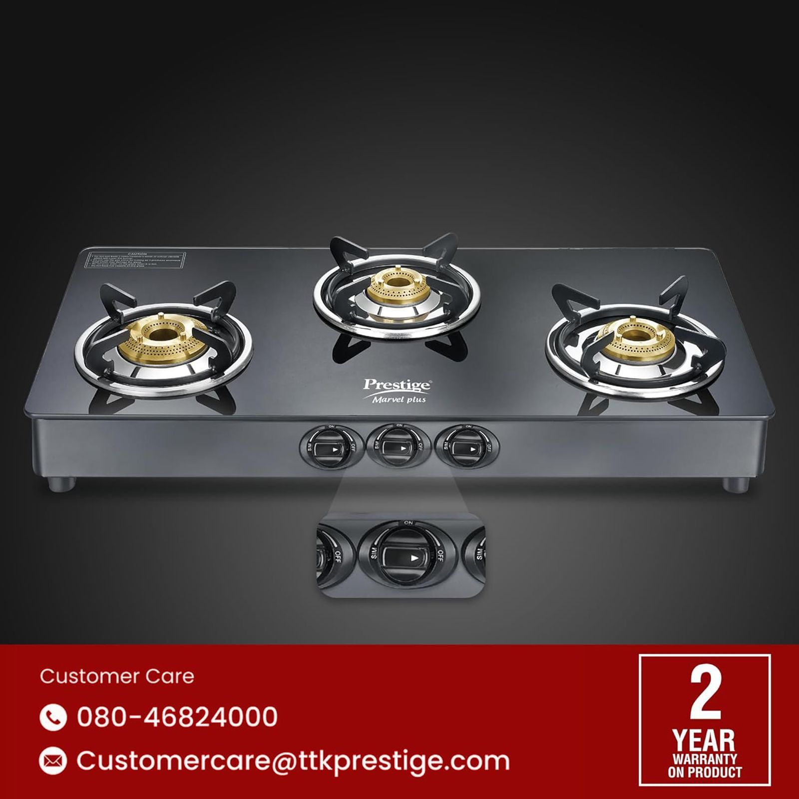 Prestige Marvel Plus Toughened Glass Top 3 Burner Manual Gas Stove (Tri-Pin Burners, Black)_5
