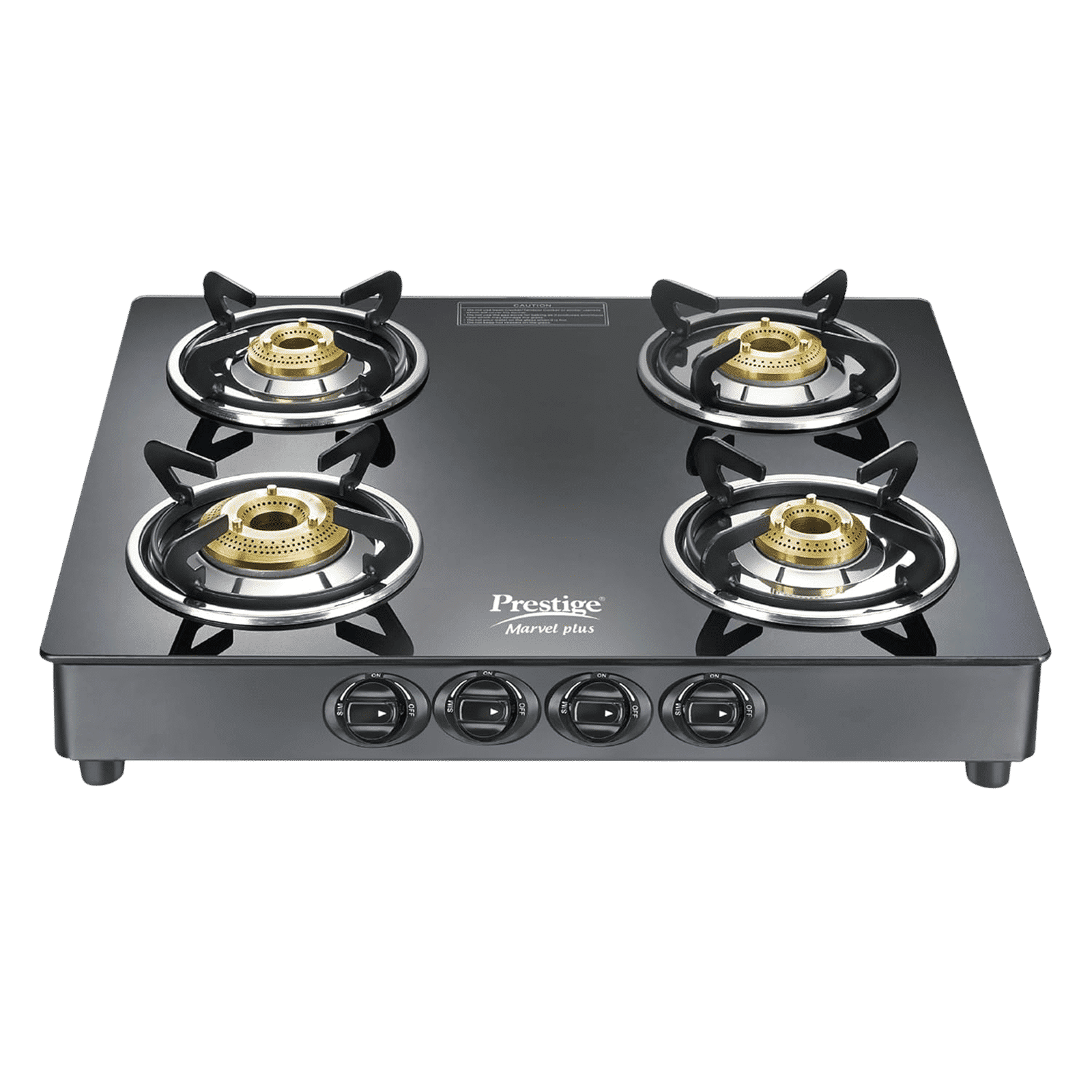 Prestige Marvel Plus GTM 04 SQ Toughened Glass Top 4 Burner Manual Gas Stove (Tri-Pin Burner, Black)_1