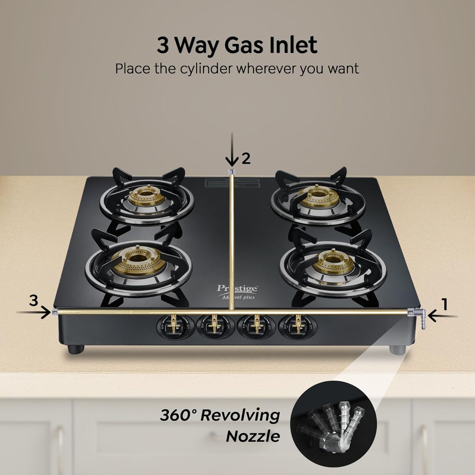 Prestige Marvel Plus GTM 04 SQ Toughened Glass Top 4 Burner Manual Gas Stove (Tri-Pin Burner, Black)_2