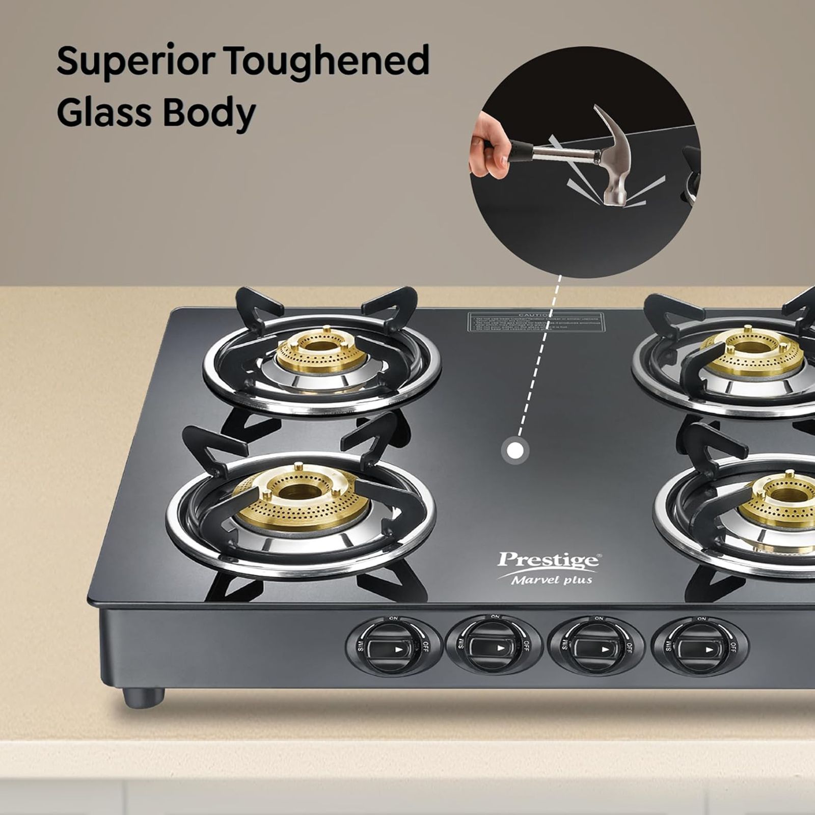 Prestige Marvel Plus GTM 04 SQ Toughened Glass Top 4 Burner Manual Gas Stove (Tri-Pin Burner, Black)_3