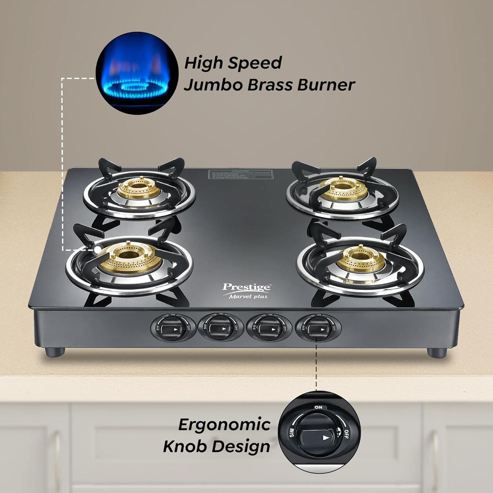 Prestige Marvel Plus GTM 04 SQ Toughened Glass Top 4 Burner Manual Gas Stove (Tri-Pin Burner, Black)_4