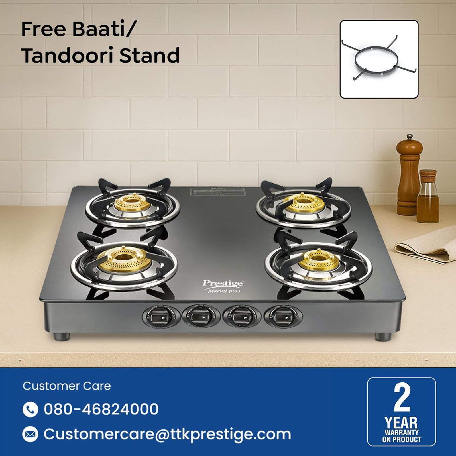 Prestige Marvel Plus GTM 04 SQ Toughened Glass Top 4 Burner Manual Gas Stove (Tri-Pin Burner, Black)_5