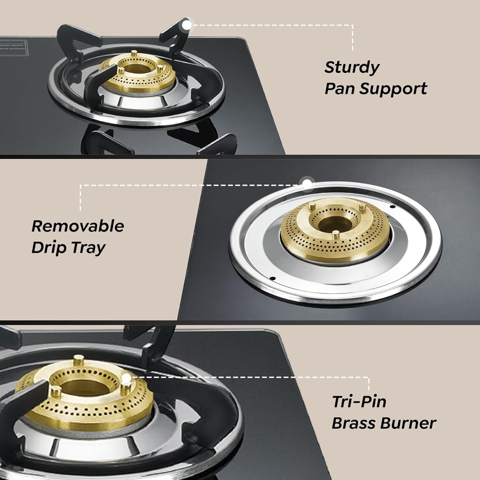 Prestige Marvel Plus GTM 04 SQ Toughened Glass Top 4 Burner Manual Gas Stove (Tri-Pin Burner, Black)_6