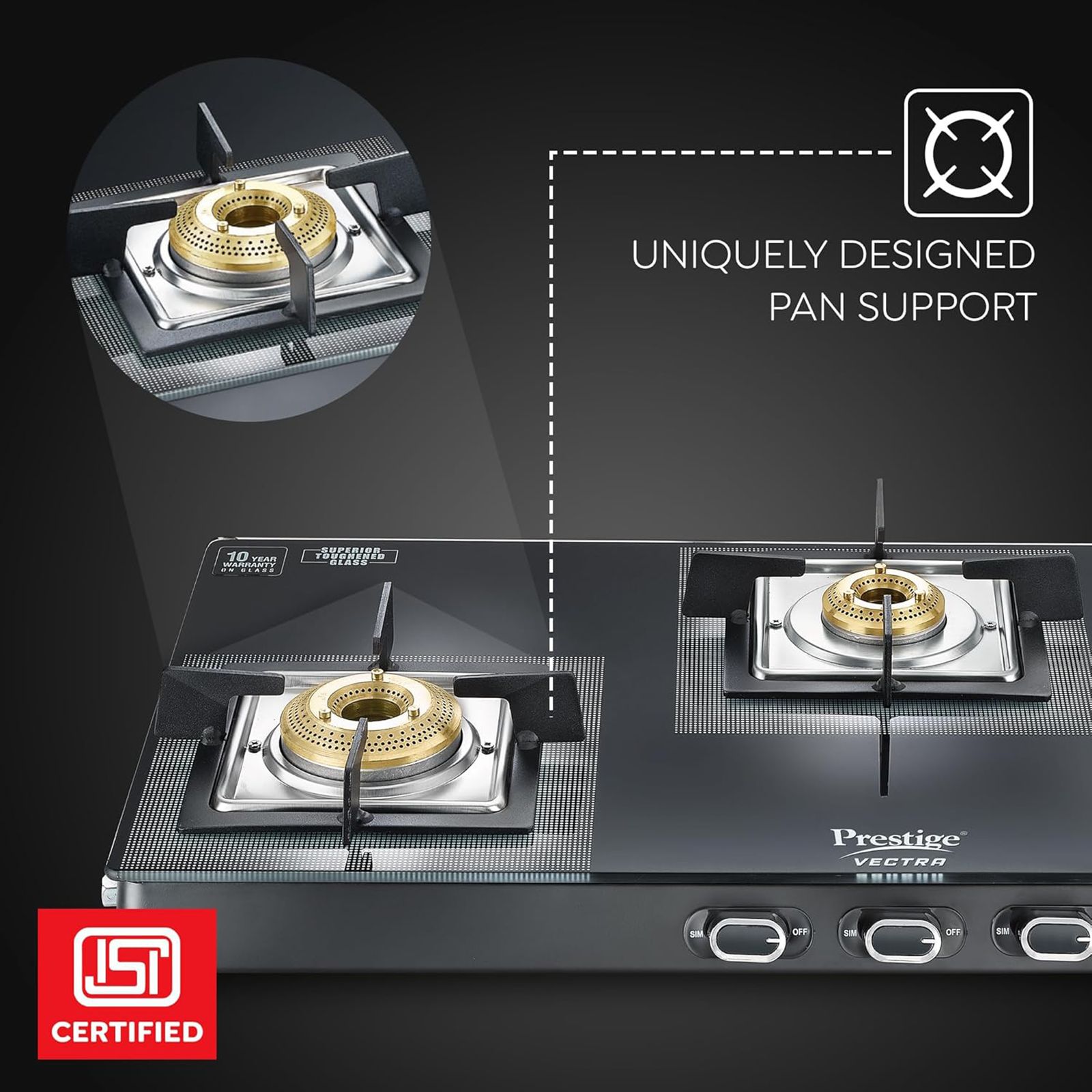 Prestige Vectra Toughened Glass Top 3 Burner Manual Gas Stove (ISI Certified, Black) Prestige Vectra Toughened Glass Top 3 Burner Manual Gas Stove (ISI Certified, Black)_6