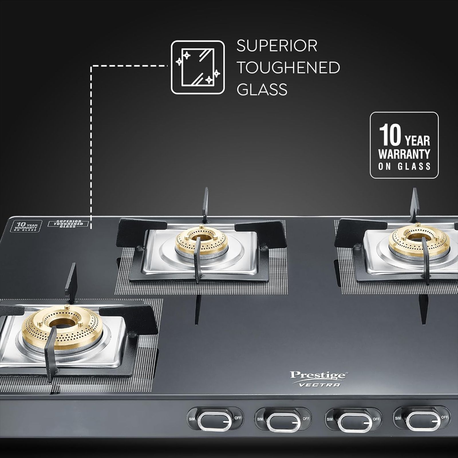 Prestige Vectra Toughened Glass Top 4 Burner Manual Gas Stove (360 Degree Revolving Nozzle, Black)_5