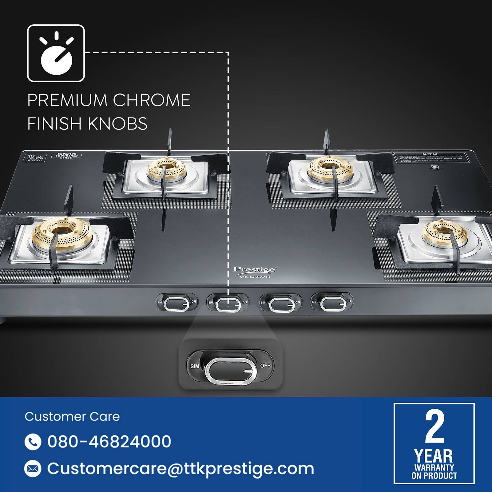 Prestige Vectra Toughened Glass Top 4 Burner Manual Gas Stove (360 Degree Revolving Nozzle, Black)_2