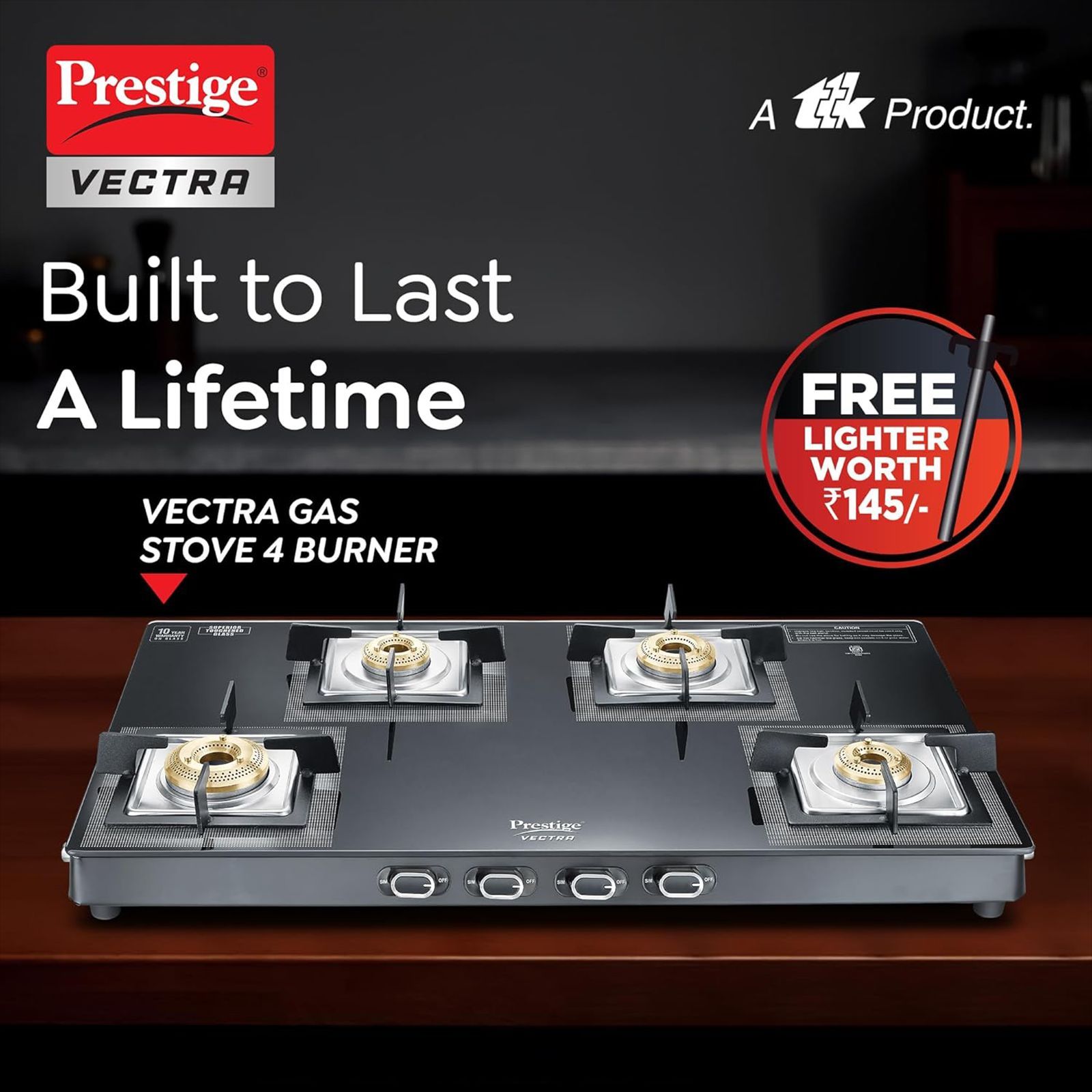 Prestige Vectra Toughened Glass Top 4 Burner Manual Gas Stove (360 Degree Revolving Nozzle, Black)_3