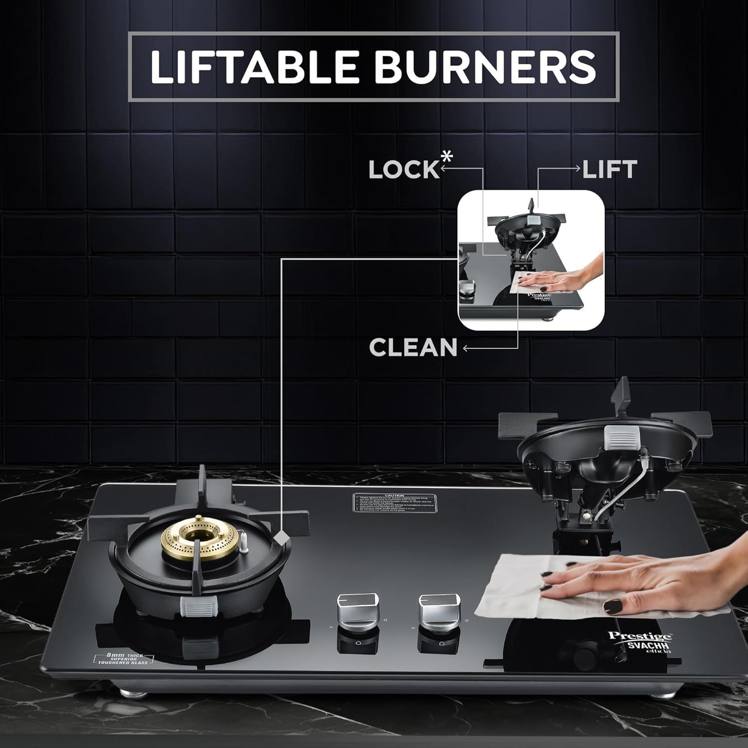 Prestige Svachh Efficia-02 AI Toughened Glass Top 2 Burner Automatic Hob (One-Touch Advanced Auto Ignition, Black)_4