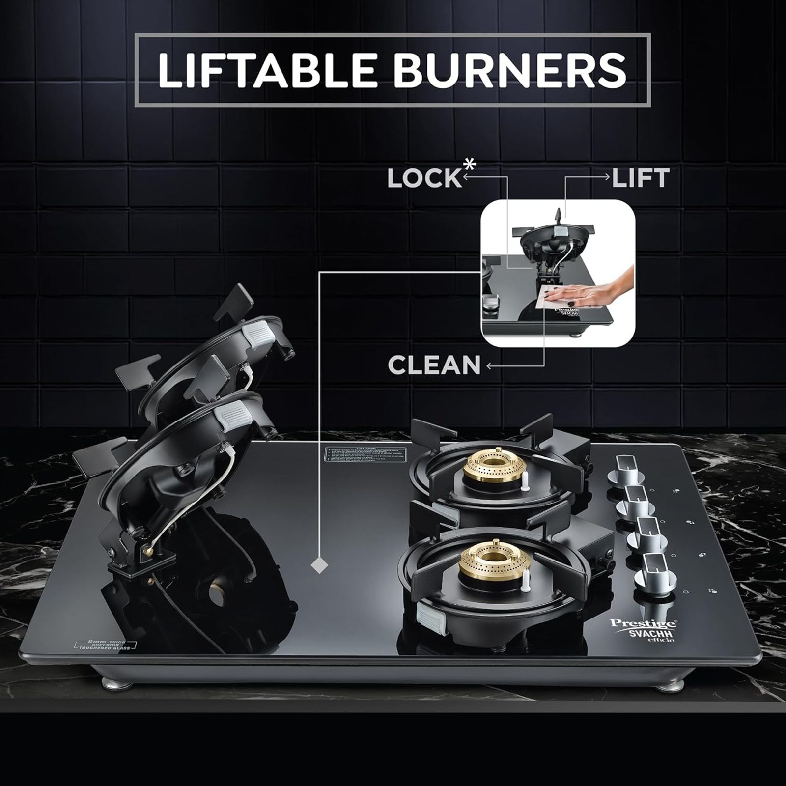 Prestige Svachh Efficia 04 AI Toughened Glass 4 Burner Automatic Hob (Multi Spark Ignition System, Black) Prestige Svachh Efficia 04 AI Toughened Glass 4 Burner Automatic Hob (Multi Spark Ignition System, Black)_5
