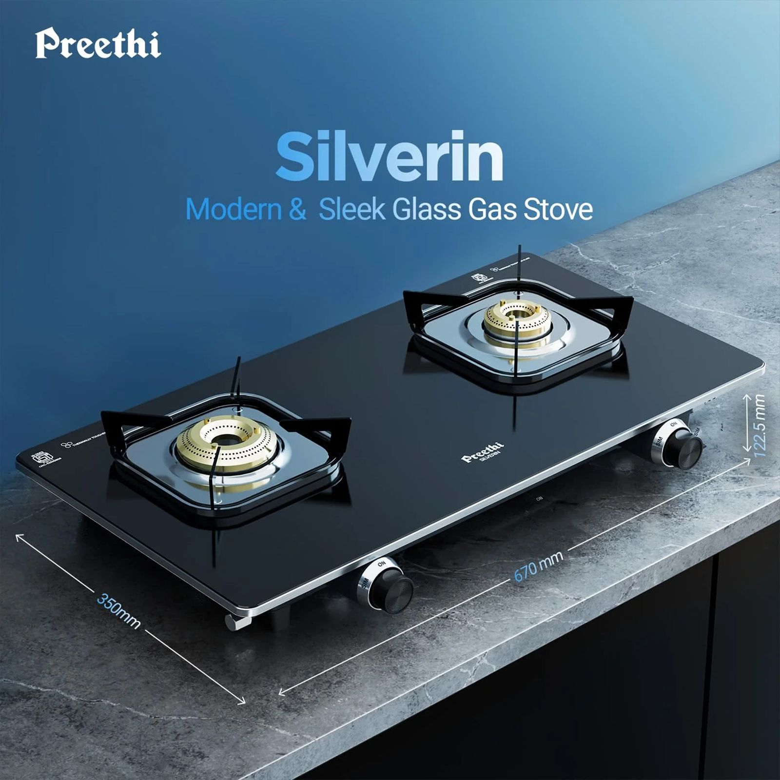 Preethi Silverin Toughened Glass Top 2 Burner Manual Gas Stove (Screwless Design, Black)_6