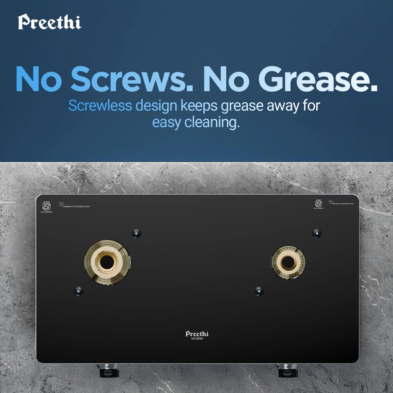 Preethi Silverin Toughened Glass Top 2 Burner Manual Gas Stove (Screwless Design, Black)_8