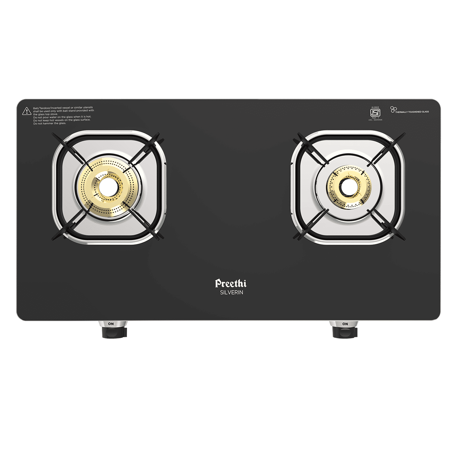 Preethi Silverin Toughened Glass Top 2 Burner Manual Gas Stove (Screwless Design, Black)_2
