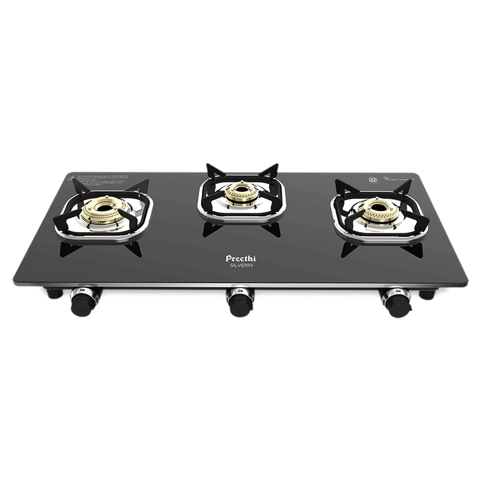 Preethi Silverin Toughened Glass Top 3 Burner Manual Gas Stove (Screwless Design, Black)_1
