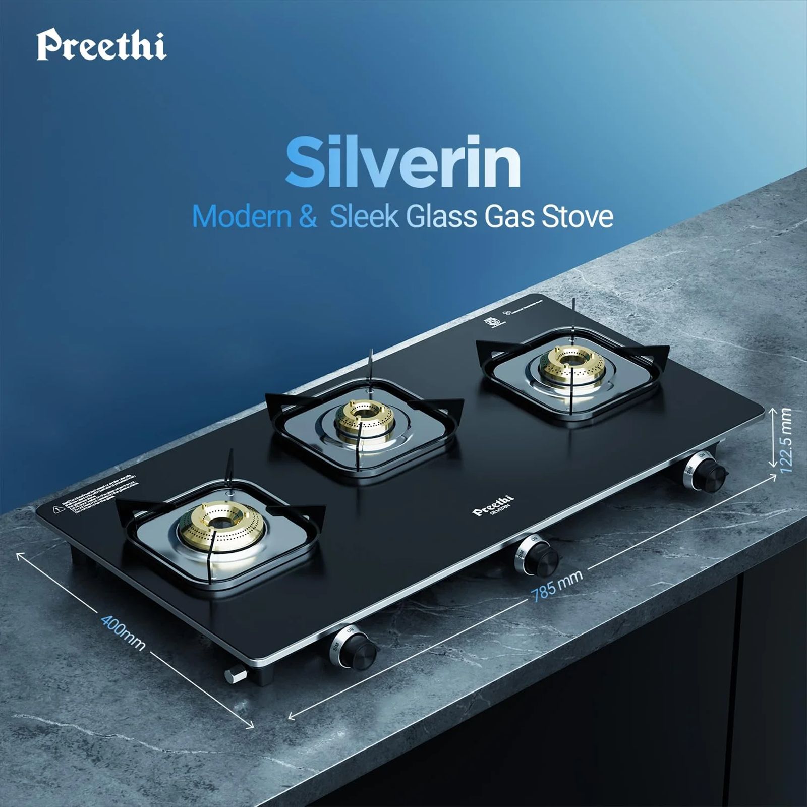 Preethi Silverin Toughened Glass Top 3 Burner Manual Gas Stove (Screwless Design, Black)_6