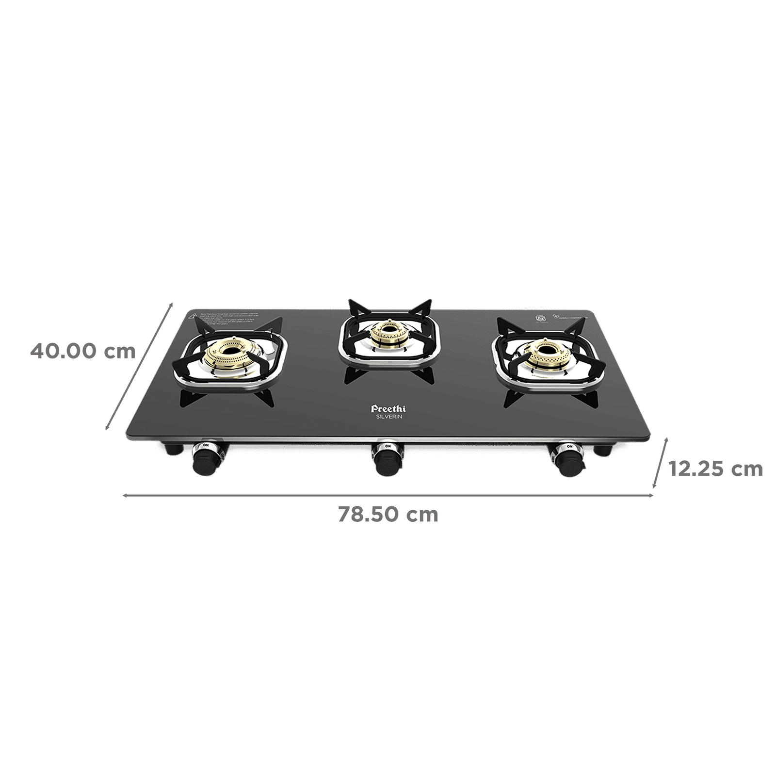 Preethi Silverin Toughened Glass Top 3 Burner Manual Gas Stove (Screwless Design, Black)_2