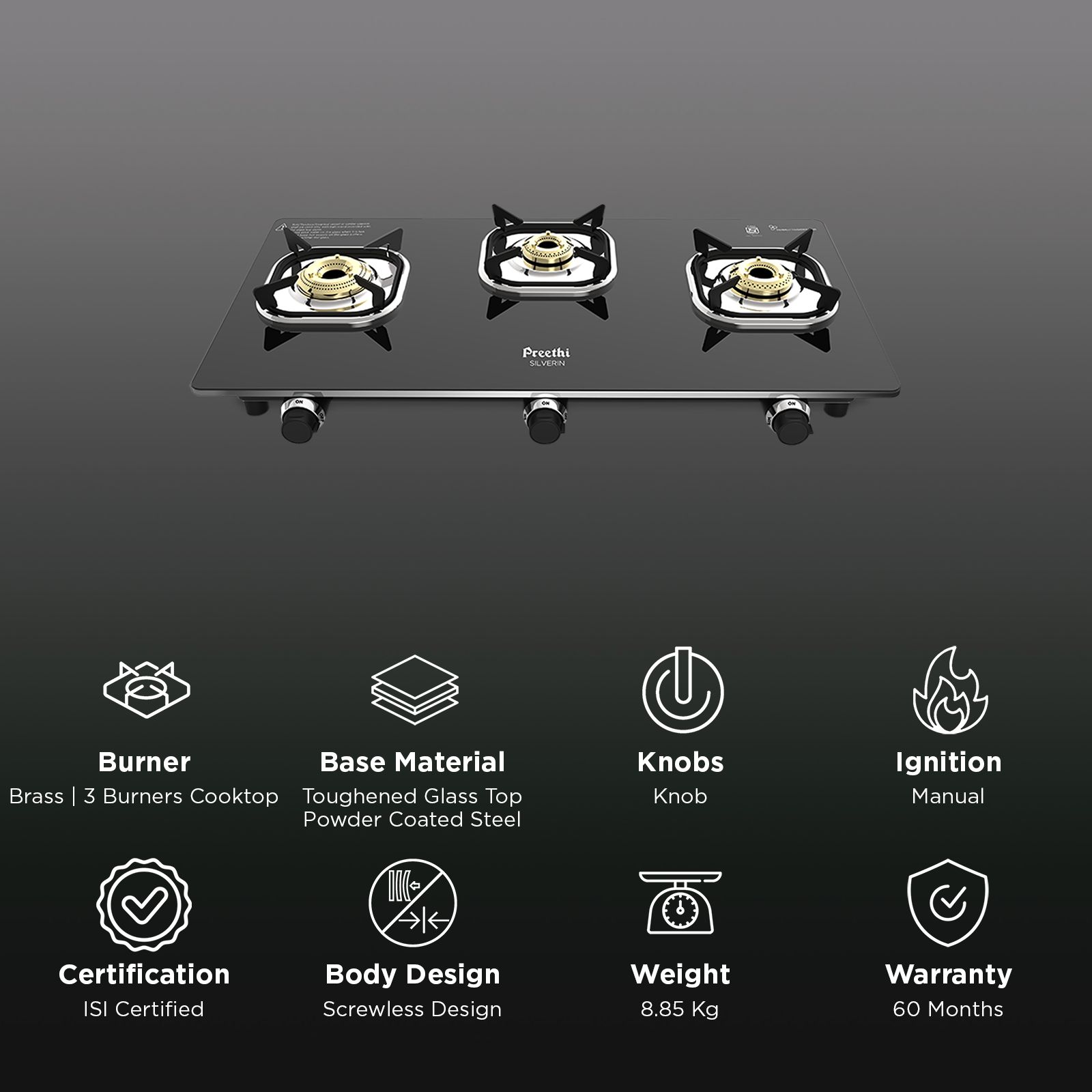 Preethi Silverin Toughened Glass Top 3 Burner Manual Gas Stove (Screwless Design, Black)_3