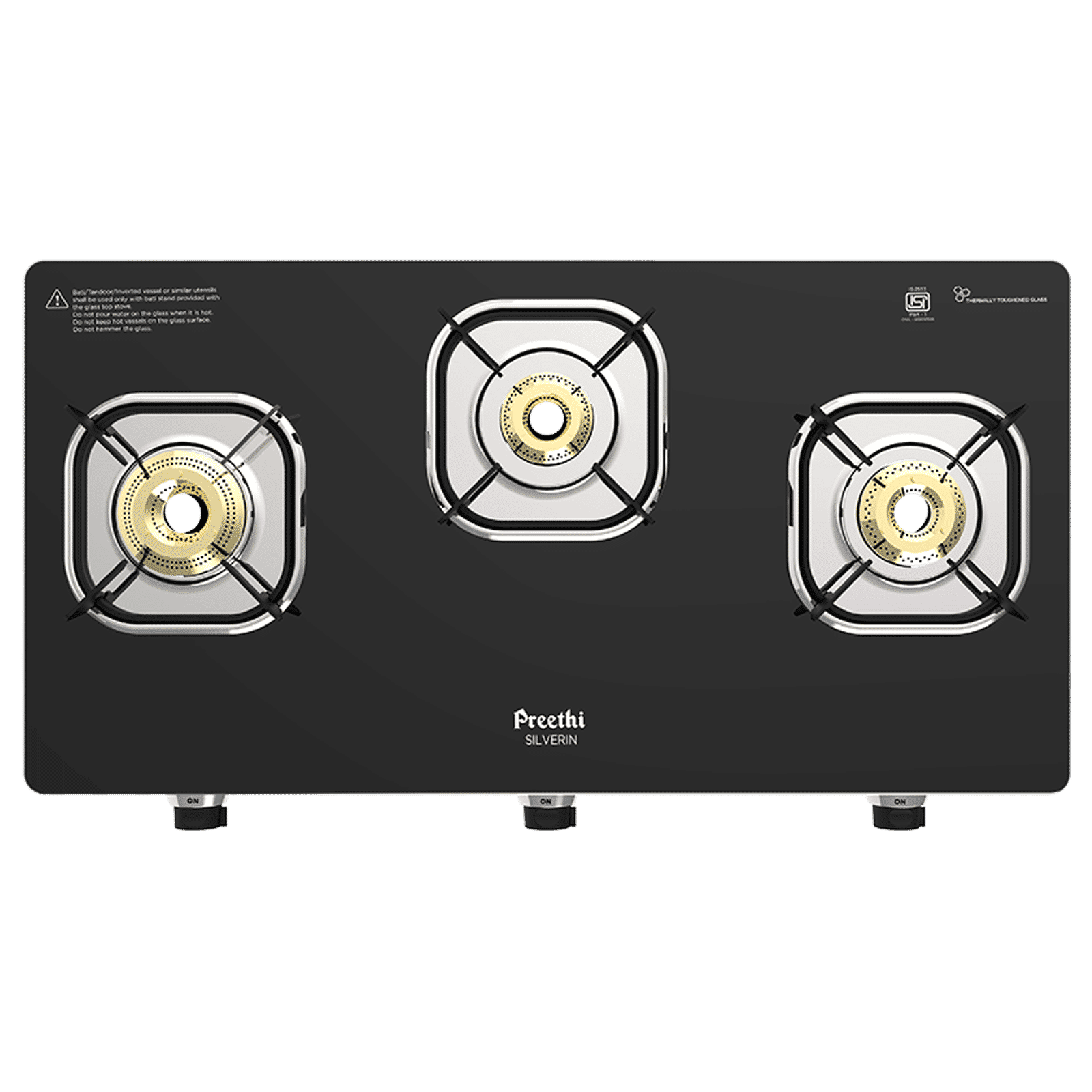 Preethi Silverin Toughened Glass Top 3 Burner Manual Gas Stove (Screwless Design, Black)_2