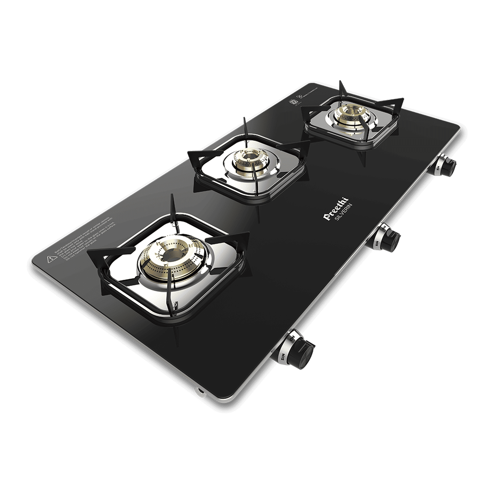 Preethi Silverin Toughened Glass Top 3 Burner Manual Gas Stove (Screwless Design, Black)_3
