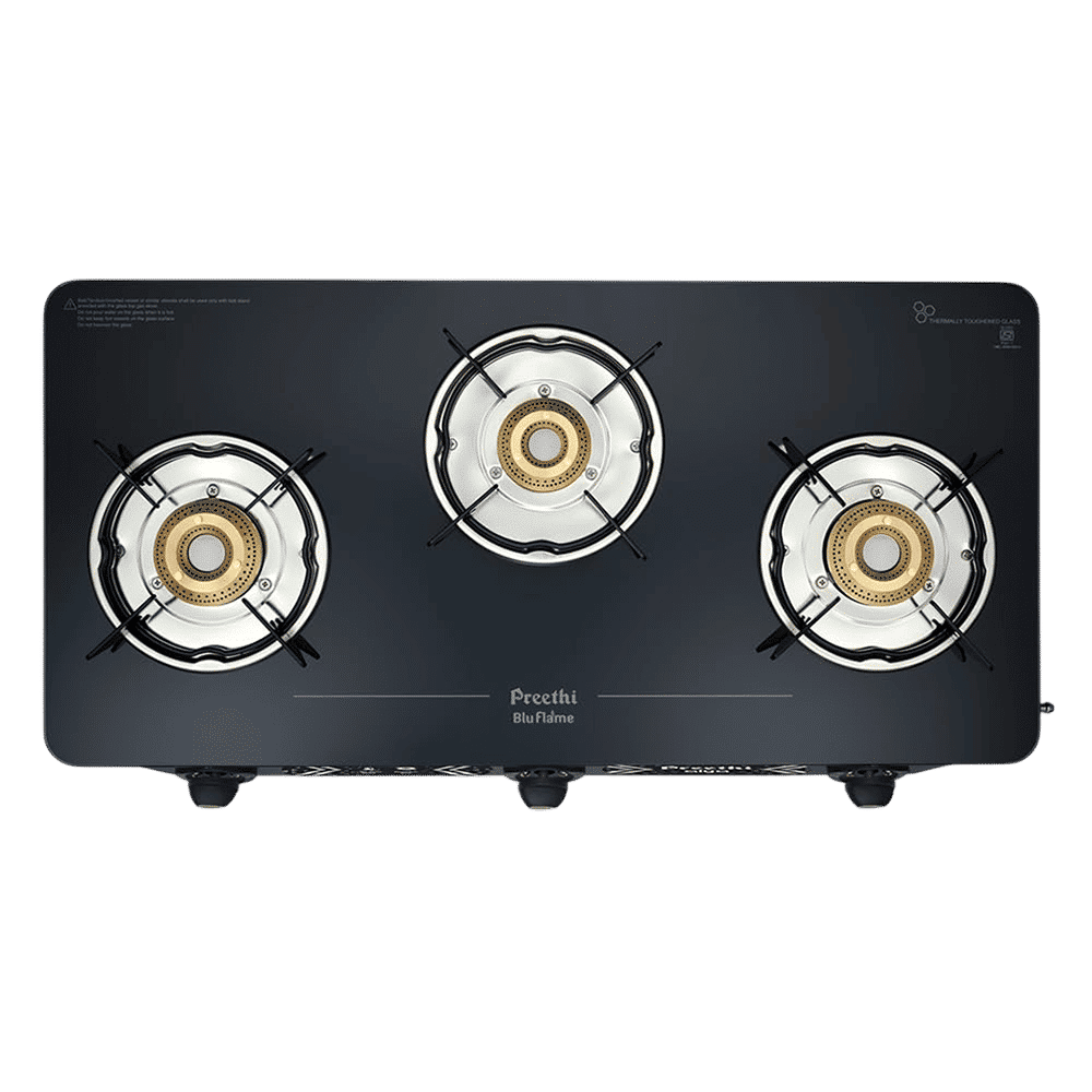 Preethi Alya 2.0 Toughened Glass Top 3 Burner Manual Gas Stove (ISI Certified, Black)_1