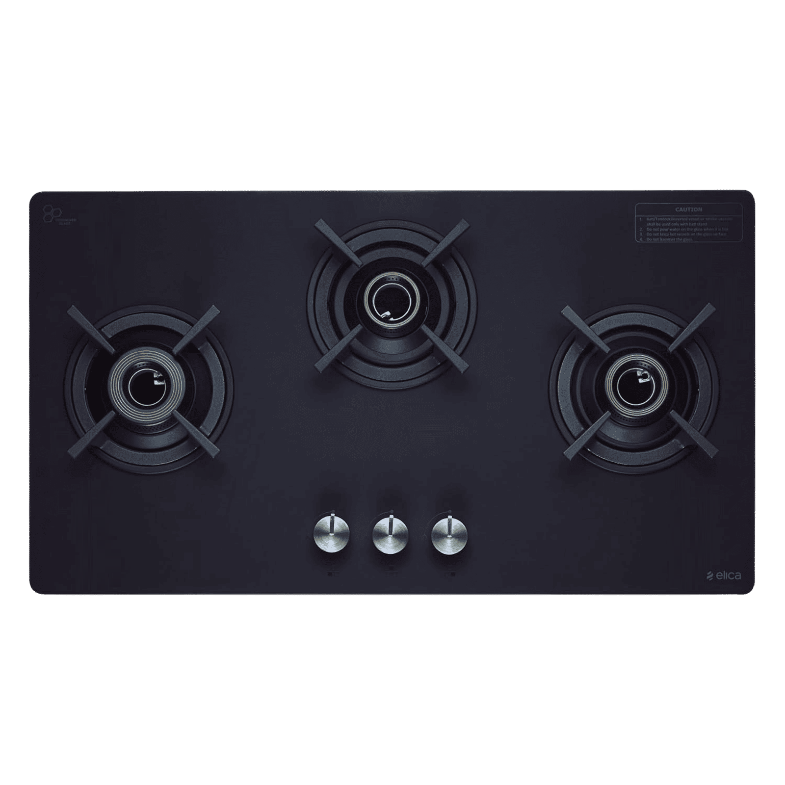 elica SBF MATT LOTUS TKN 773 CT VETRO BK Toughened Glass Top 3 Burner Manual Gas Stove (Cast Iron Pan Support, Black)_4