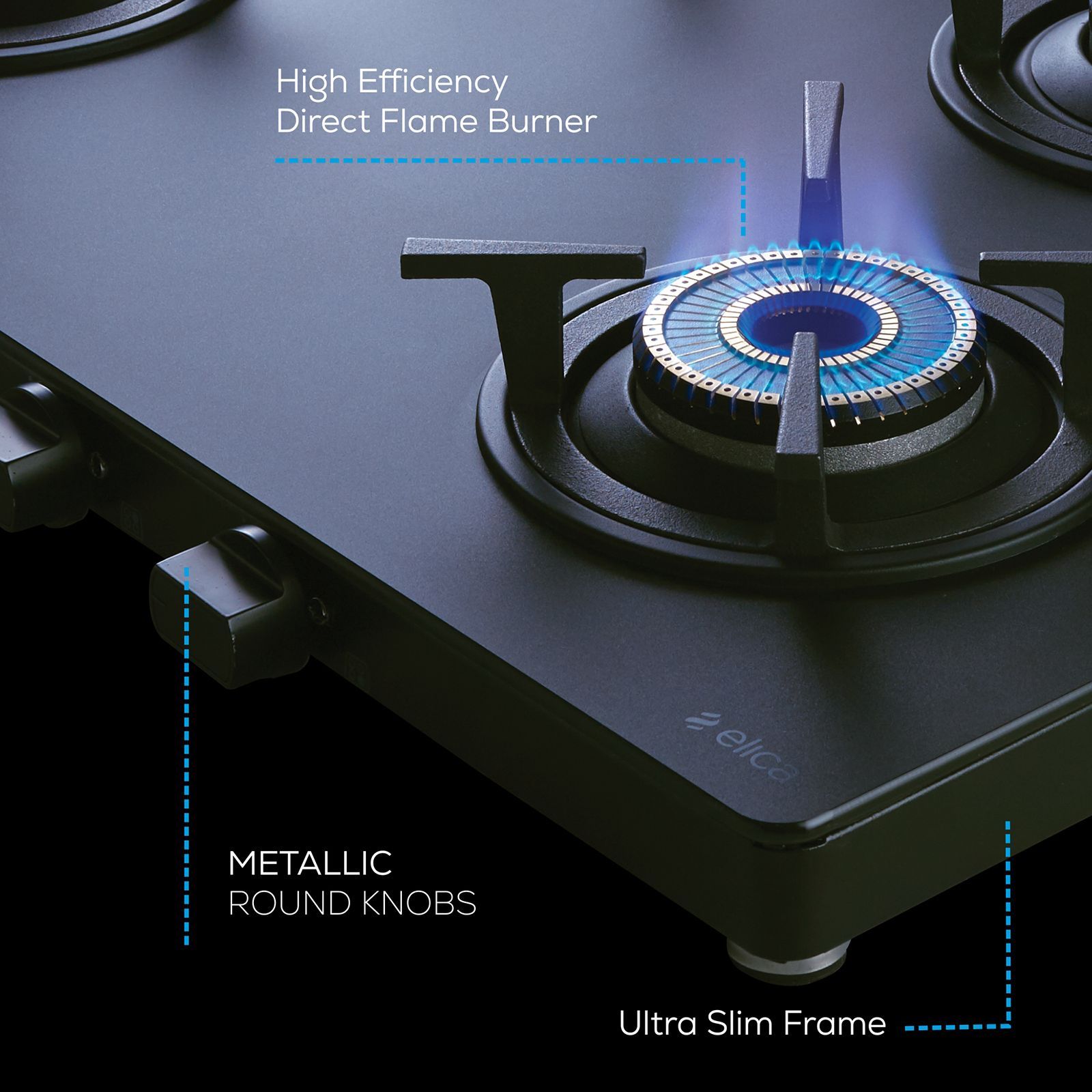 elica MATT ONYX Series 4 Burners Manual Gas Stove (Round Grid, Black)_4