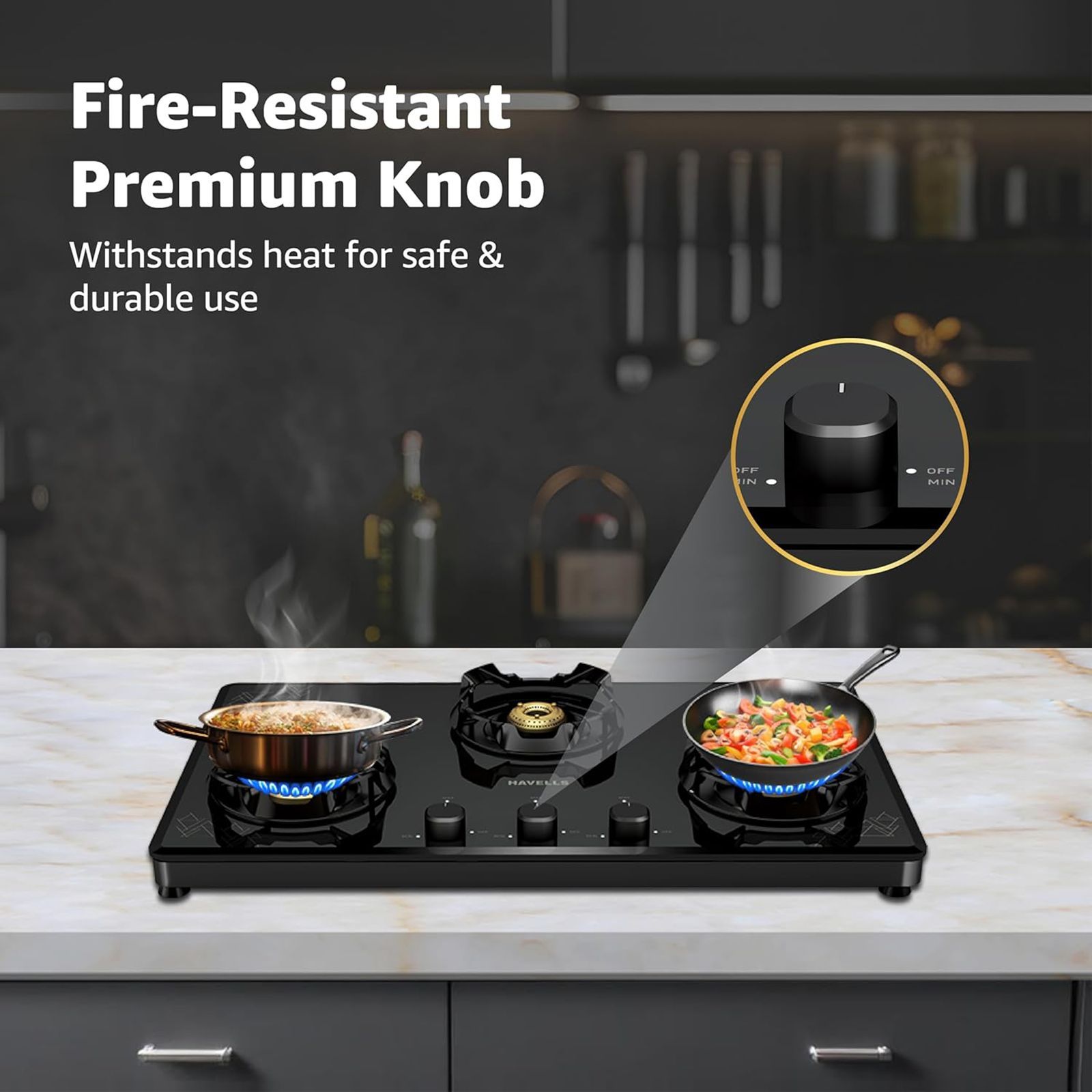 Havells Nucleus Toughened Glass Top 3 Burner Manual Gas Stove (Heavy Duty Brass Burner, Black)_7