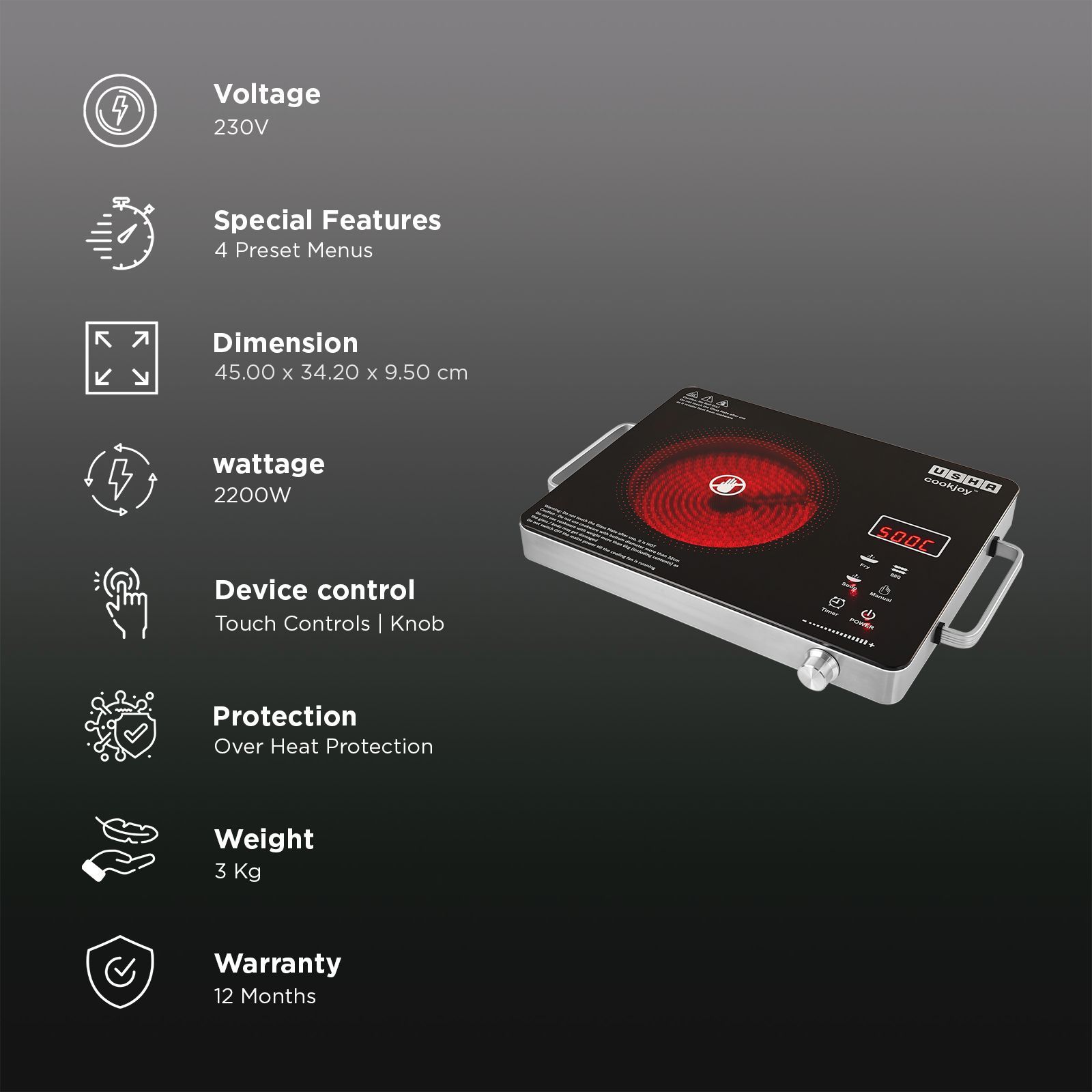 Usha Infrared 2200W Single Induction Cooktop with 4 Preset Menus_3