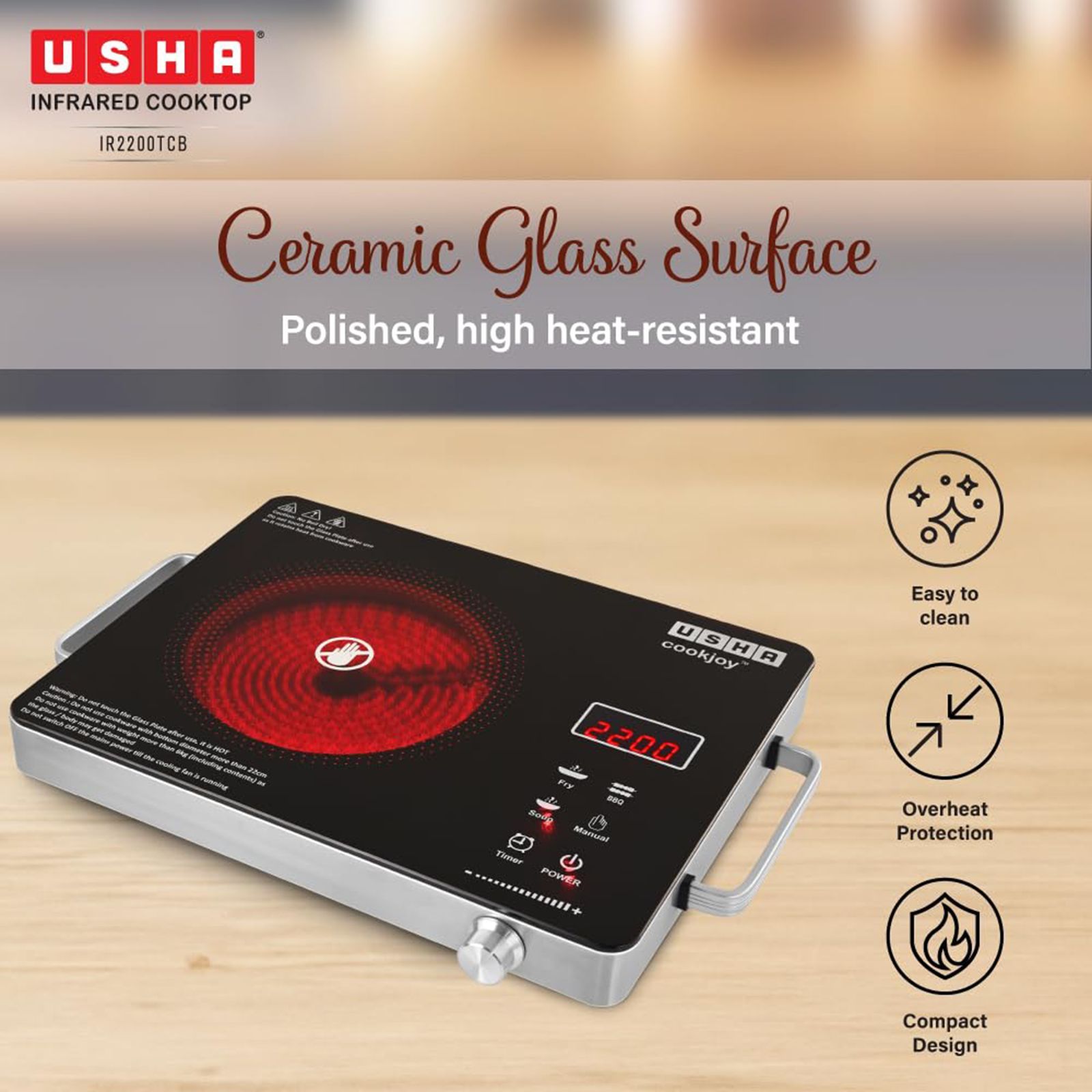Usha Infrared 2200W Single Induction Cooktop with 4 Preset Menus_3