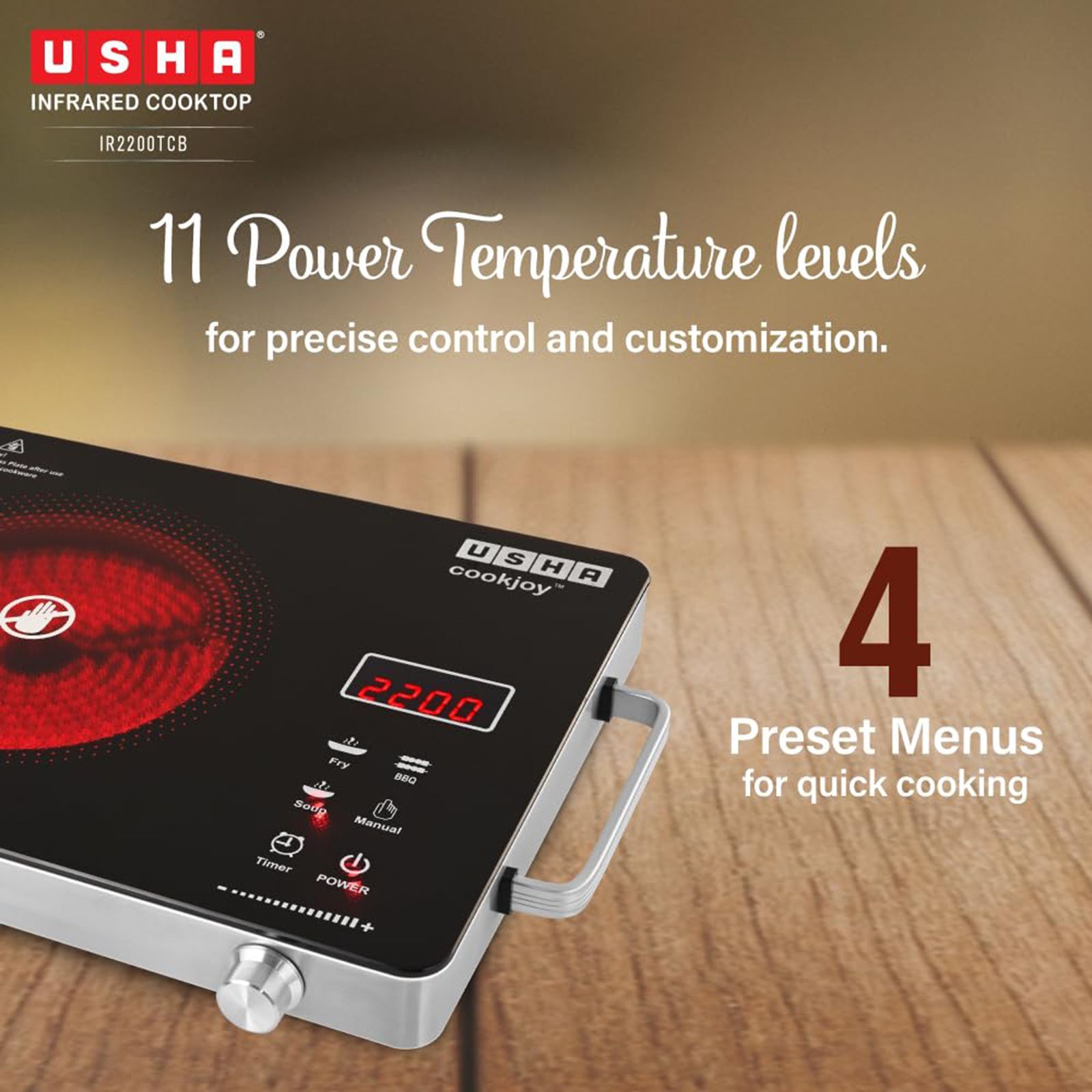 Usha Infrared 2200W Single Induction Cooktop with 4 Preset Menus_5