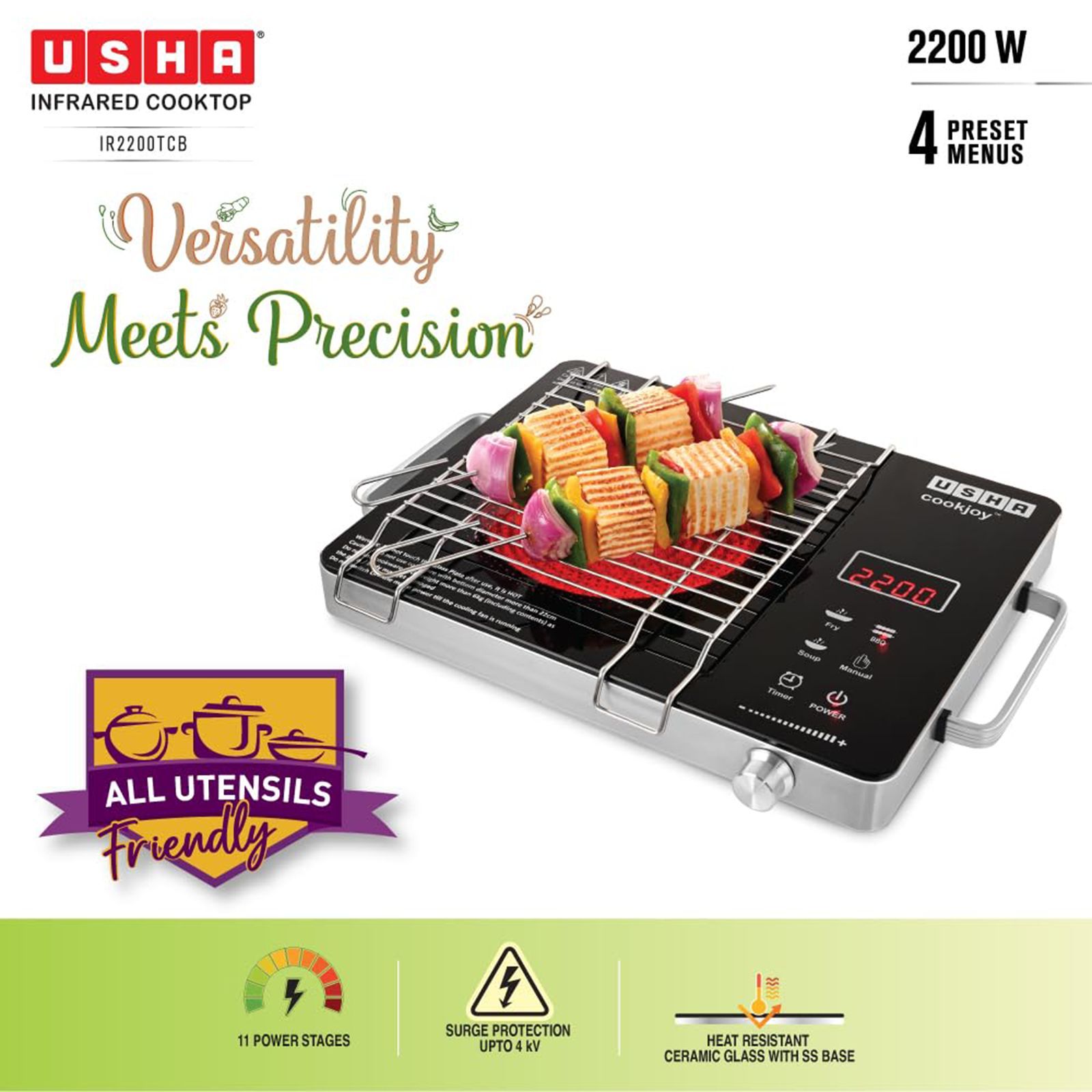 Usha Infrared 2200W Single Induction Cooktop with 4 Preset Menus_7
