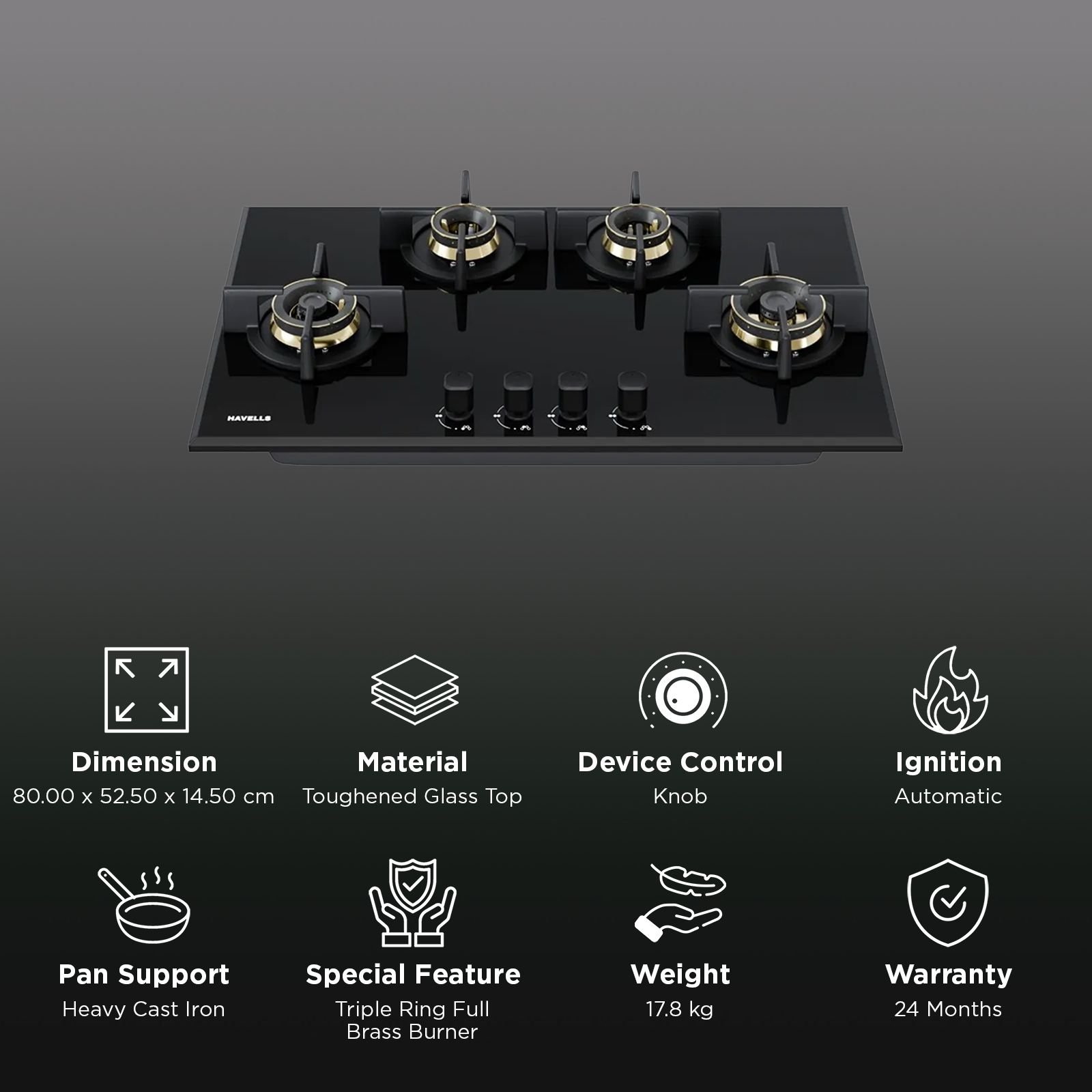 Havells Centuro 4B 80 T AI Auto Ignit Toughened Glass Top 4 Burner Automatic Hob (Ergonomically Designed Knob, Black)_3