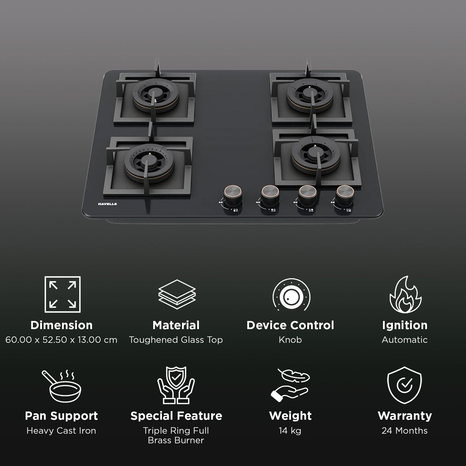 Havells Regio 4B 60 AI Auto Ignit Toughened Glass Top 4 Burner Automatic Hob (Ergonomically Designed Knob, Black)_3