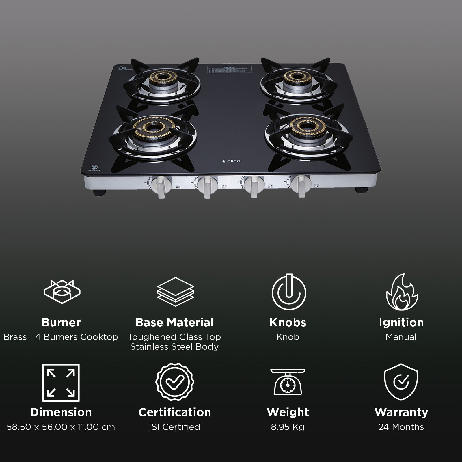 Elica SAPPHIRE SERIES Toughened Glass Top 4 Burner Manual Gas Stove (Heavy Duty, Black)_3