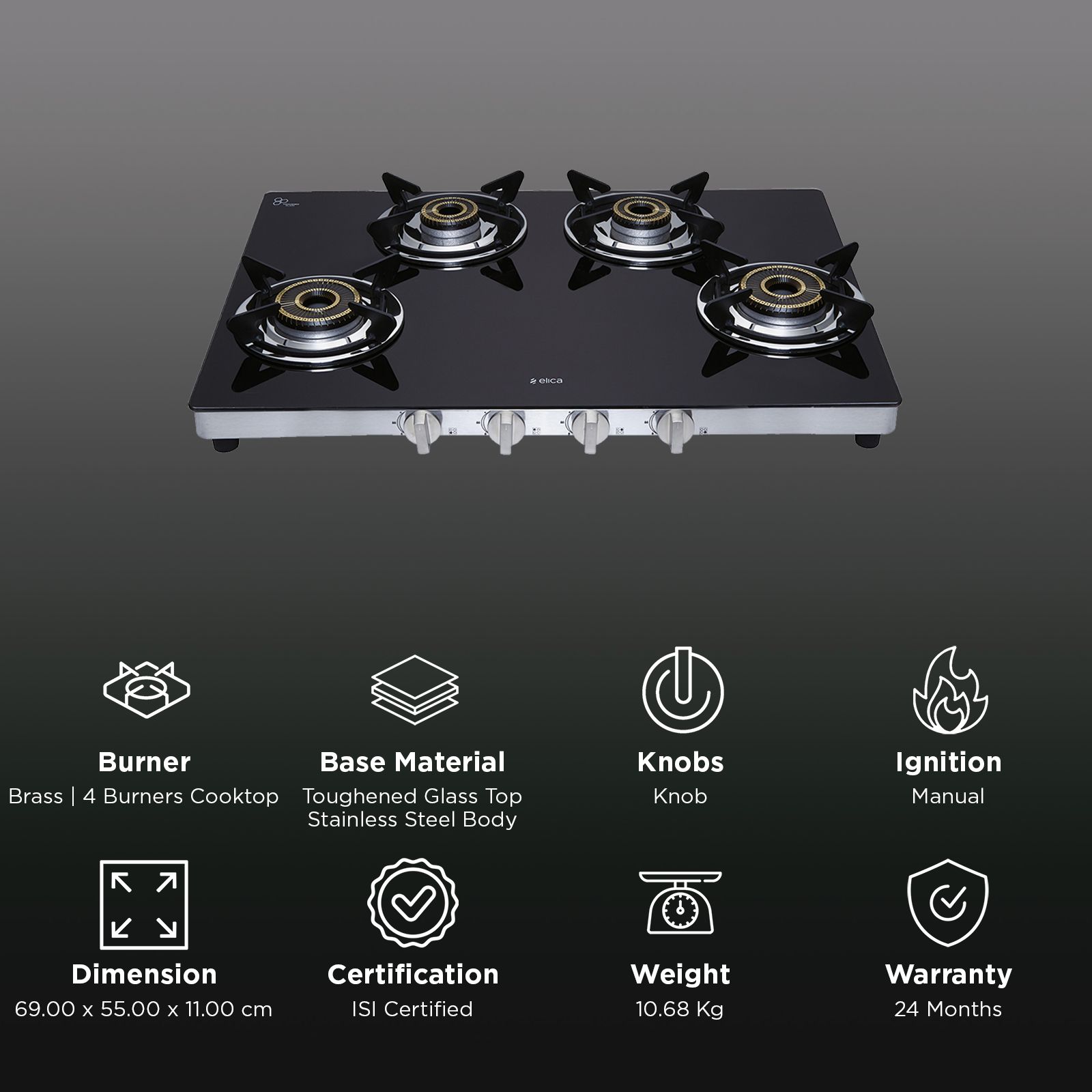 Elica SAPPHIRE SERIES Toughened Glass Top 4 Burner Manual Gas Stove (Heavy Duty, Black)_3