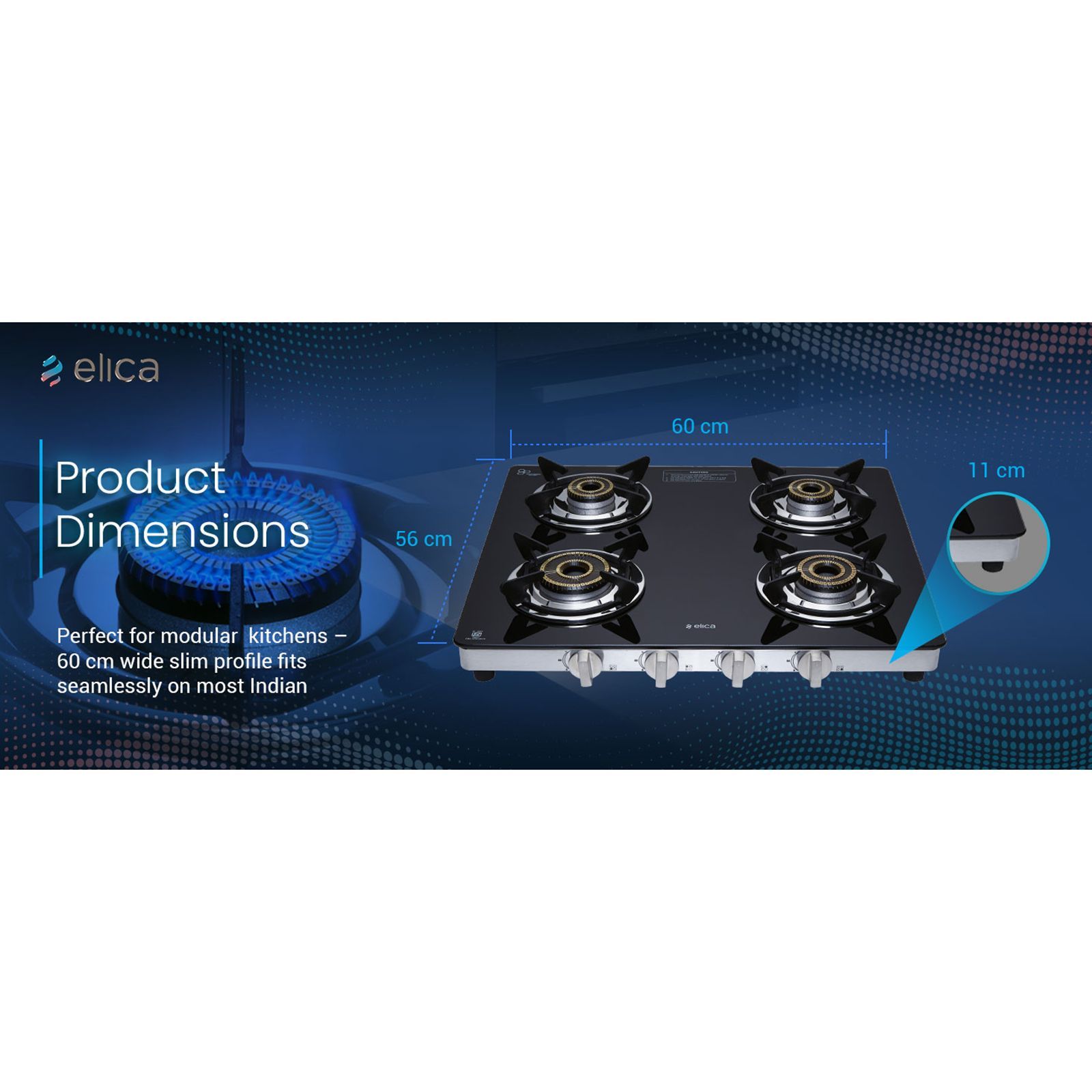 Elica SAPPHIRE SERIES Toughened Glass Top 4 Burner Manual Gas Stove (Heavy Duty, Black)_4