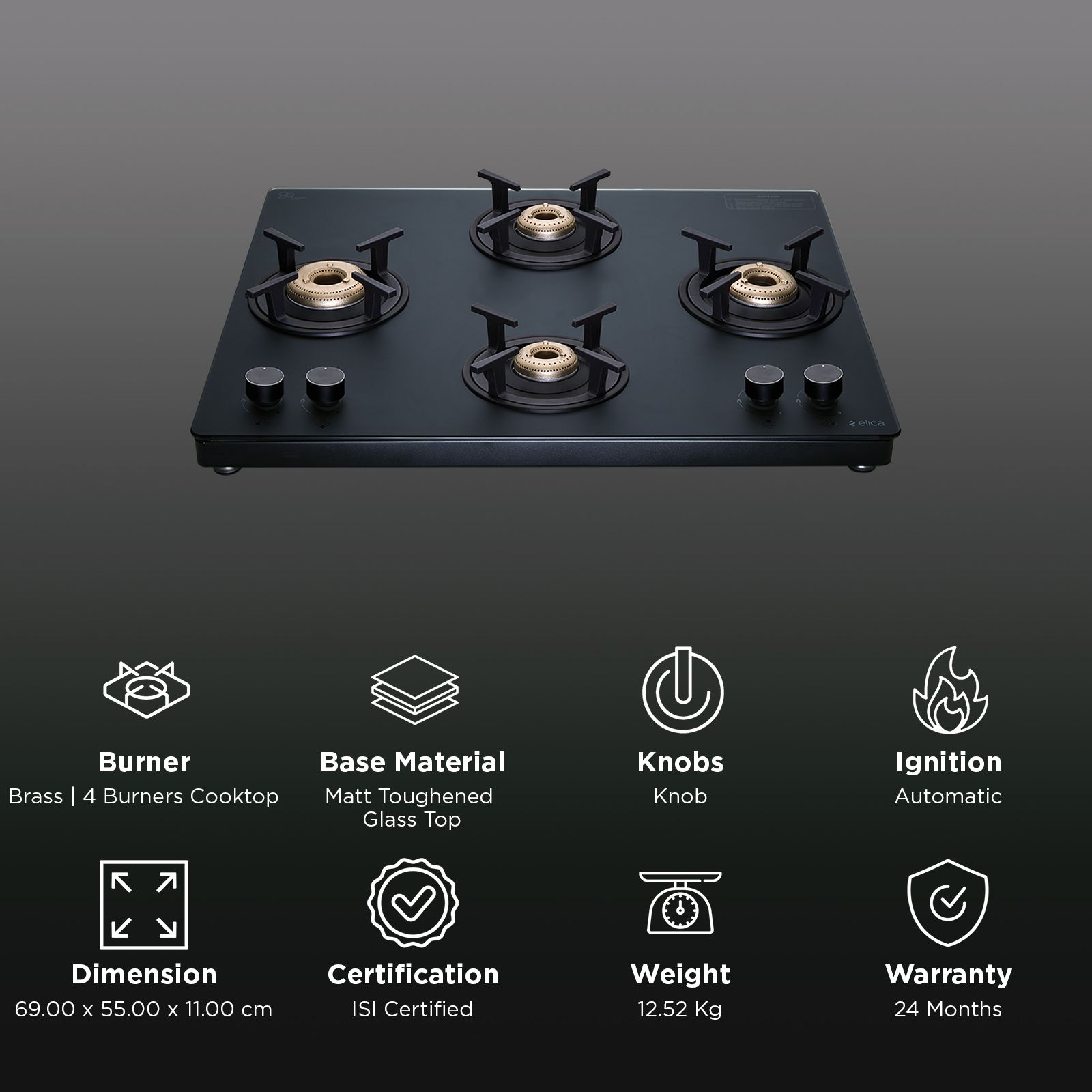 Elica MATT TOP KNOB SERIES Toughened Glass Top 4 Burner Automatic Gas Stove (Ultra Slim Frame, Black) Elica MATT TOP KNOB SERIES Toughened Glass Top 4 Burner Automatic Gas Stove (Ultra Slim Frame, Black)_3