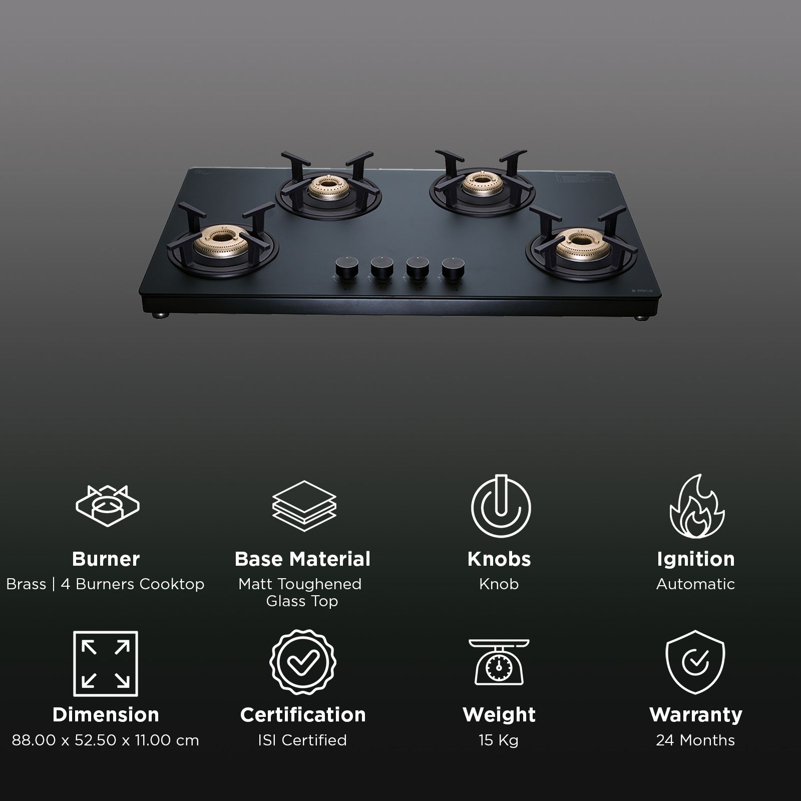 Elica MATT TKN 904 CT VETRO 2J AI BK Toughened Glass Top 4 Burner Automatic Gas Stove (Ultra Slim Frame, Black) Elica MATT TKN 904 CT VETRO 2J AI BK Toughened Glass Top 4 Burner Automatic Gas Stove (Ultra Slim Frame, Black)_3