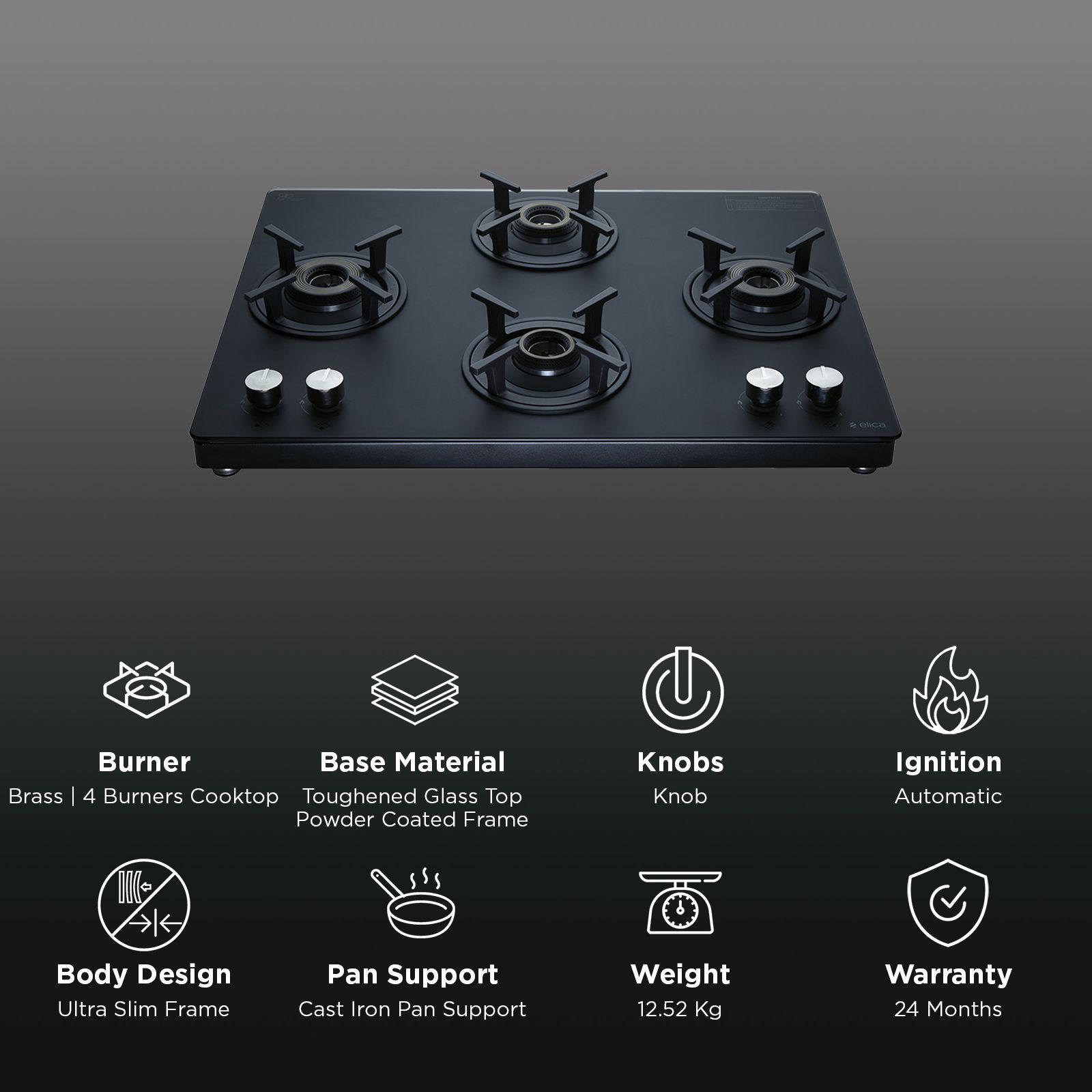 Elica SBF MATT LOTUS TKN 694 CT VETRO 2J AI BK Toughened Glass Top 4 Burner Automatic Gas Stove (Powder Coated Frame, Black) Elica SBF MATT LOTUS TKN 694 CT VETRO 2J AI BK Toughened Glass Top 4 Burner Automatic Gas Stove (Powder Coated Frame, Black)_3