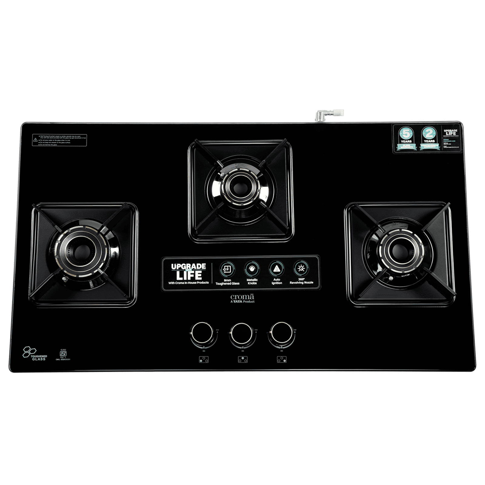 Croma Toughened Glass Top 3 Burner Automatic Hob (360 Degree Revolving Nozzle, Black) Croma Toughened Glass Top 3 Burner Automatic Hob (360 Degree Revolving Nozzle, Black)_1