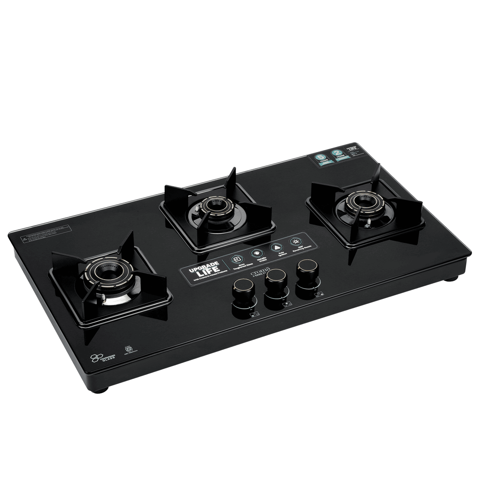 Croma Toughened Glass Top 3 Burner Automatic Hob (360 Degree Revolving Nozzle, Black) Croma Toughened Glass Top 3 Burner Automatic Hob (360 Degree Revolving Nozzle, Black)_2