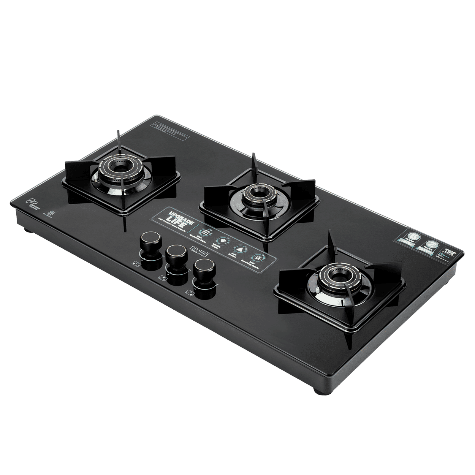 Croma Toughened Glass Top 3 Burner Automatic Hob (360 Degree Revolving Nozzle, Black) Croma Toughened Glass Top 3 Burner Automatic Hob (360 Degree Revolving Nozzle, Black)_3