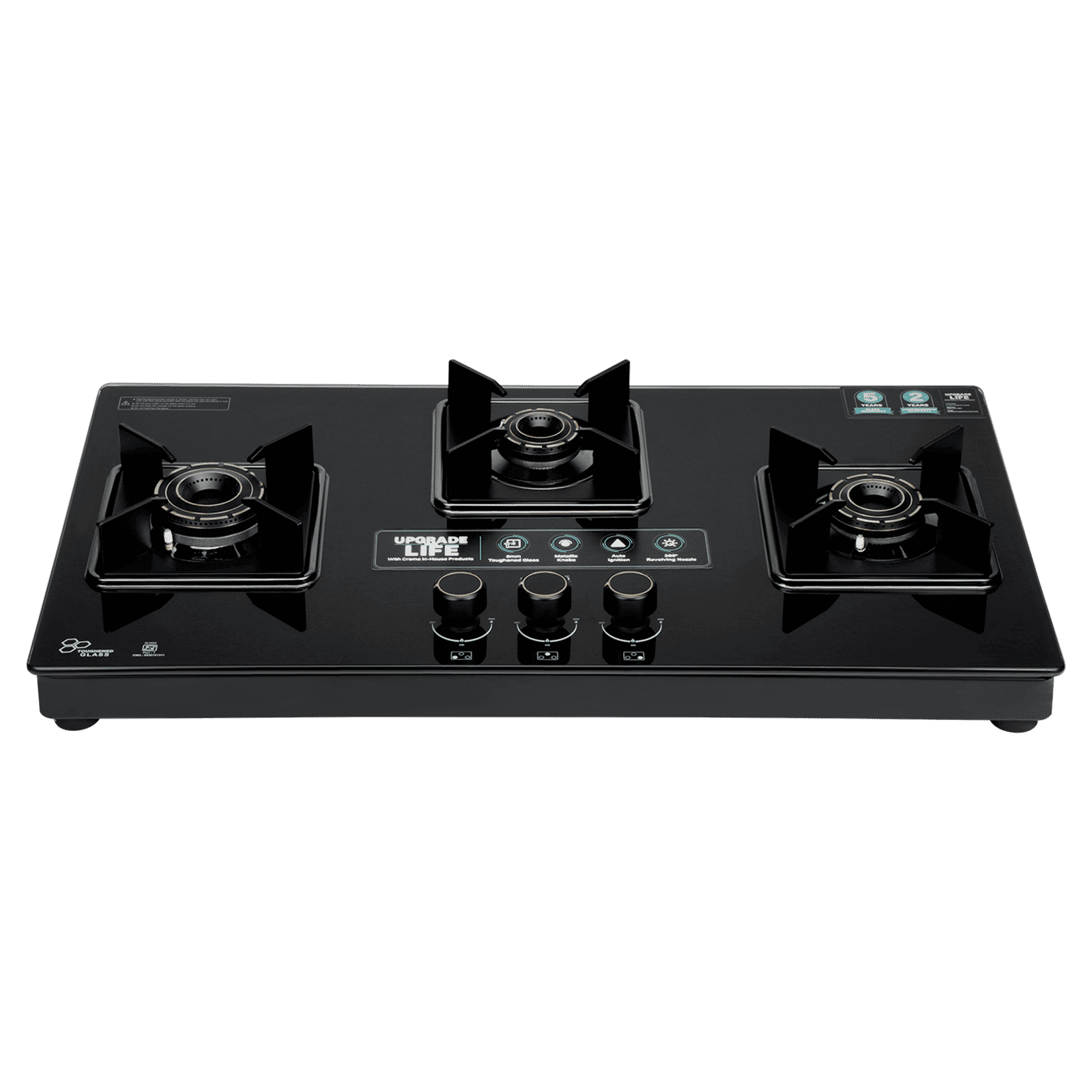Croma Toughened Glass Top 3 Burner Automatic Hob (360 Degree Revolving Nozzle, Black) Croma Toughened Glass Top 3 Burner Automatic Hob (360 Degree Revolving Nozzle, Black)_4