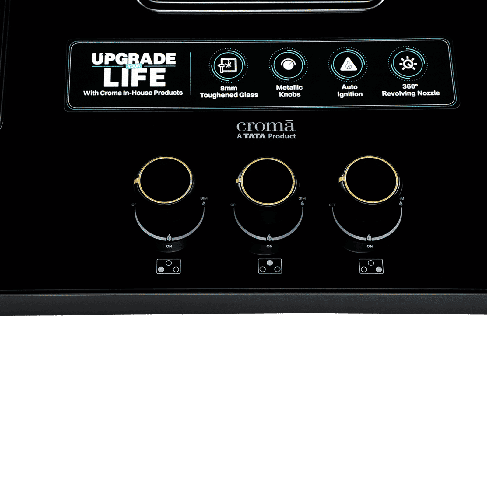 Croma Toughened Glass Top 3 Burner Automatic Hob (360 Degree Revolving Nozzle, Black) Croma Toughened Glass Top 3 Burner Automatic Hob (360 Degree Revolving Nozzle, Black)_6