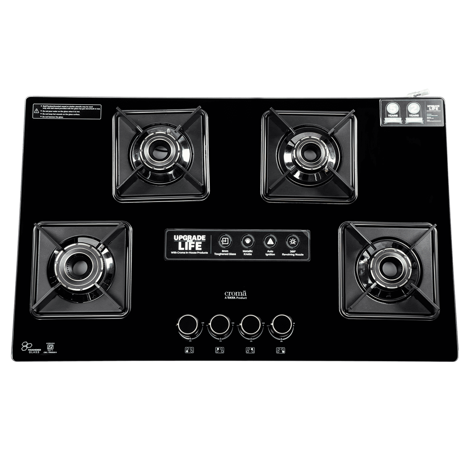 Croma Toughened Glass Top 4 Burner Automatic Hob (360 Degree Revolving Nozzle, Black) Croma Toughened Glass Top 4 Burner Automatic Hob (360 Degree Revolving Nozzle, Black)_1