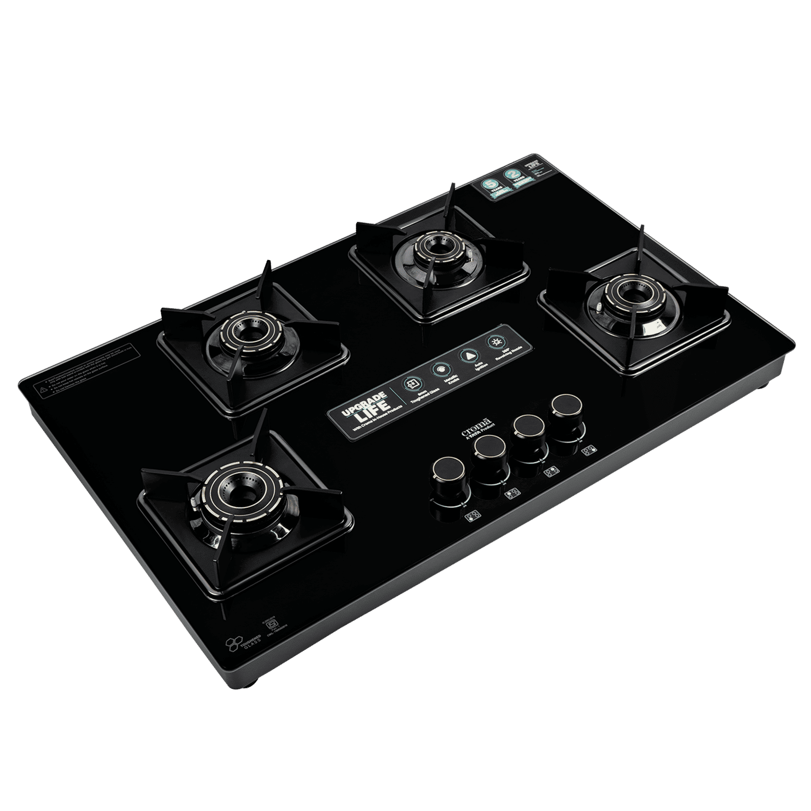 Croma Toughened Glass Top 4 Burner Automatic Hob (360 Degree Revolving Nozzle, Black) Croma Toughened Glass Top 4 Burner Automatic Hob (360 Degree Revolving Nozzle, Black)_3