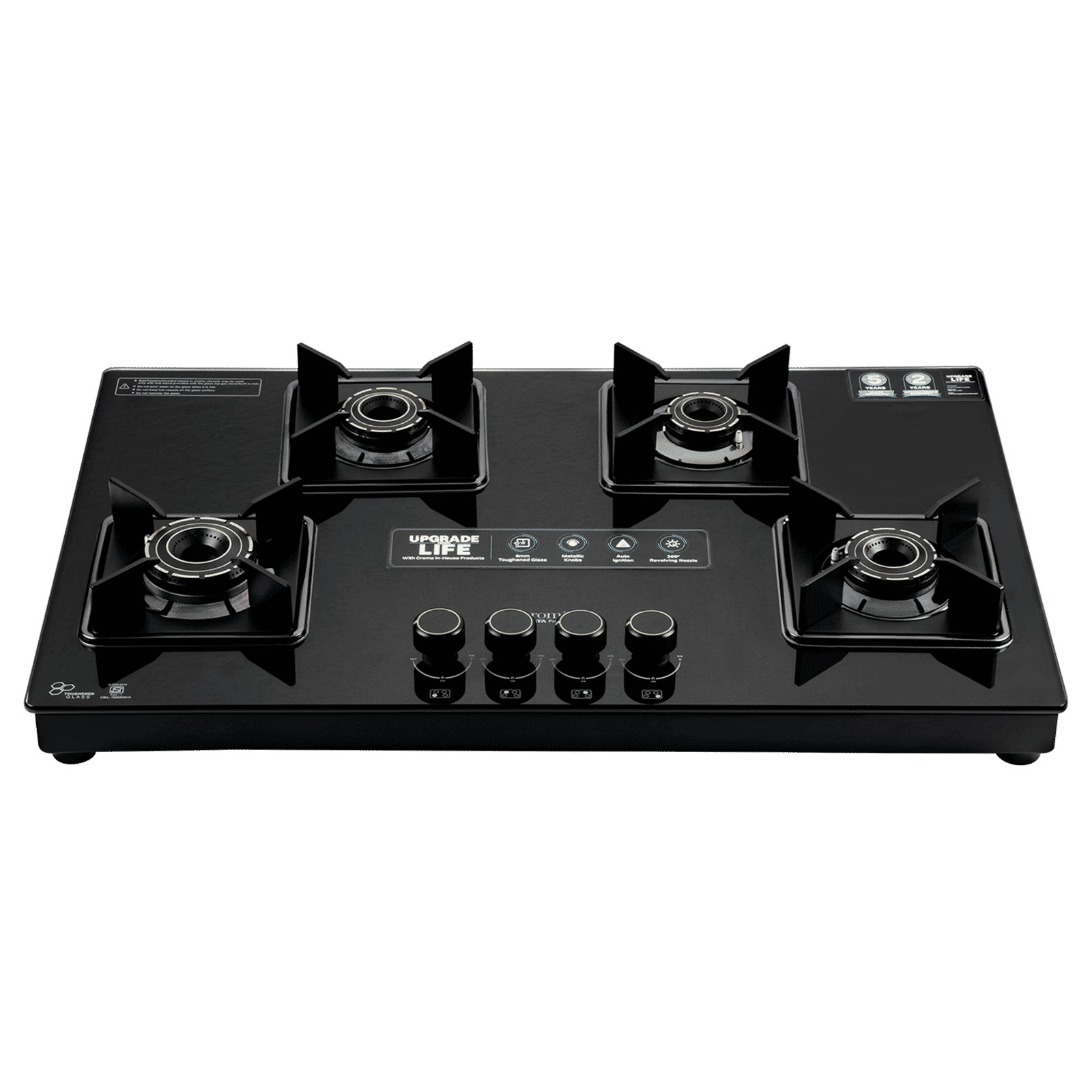 Croma Toughened Glass Top 4 Burner Automatic Hob (360 Degree Revolving Nozzle, Black) Croma Toughened Glass Top 4 Burner Automatic Hob (360 Degree Revolving Nozzle, Black)_4