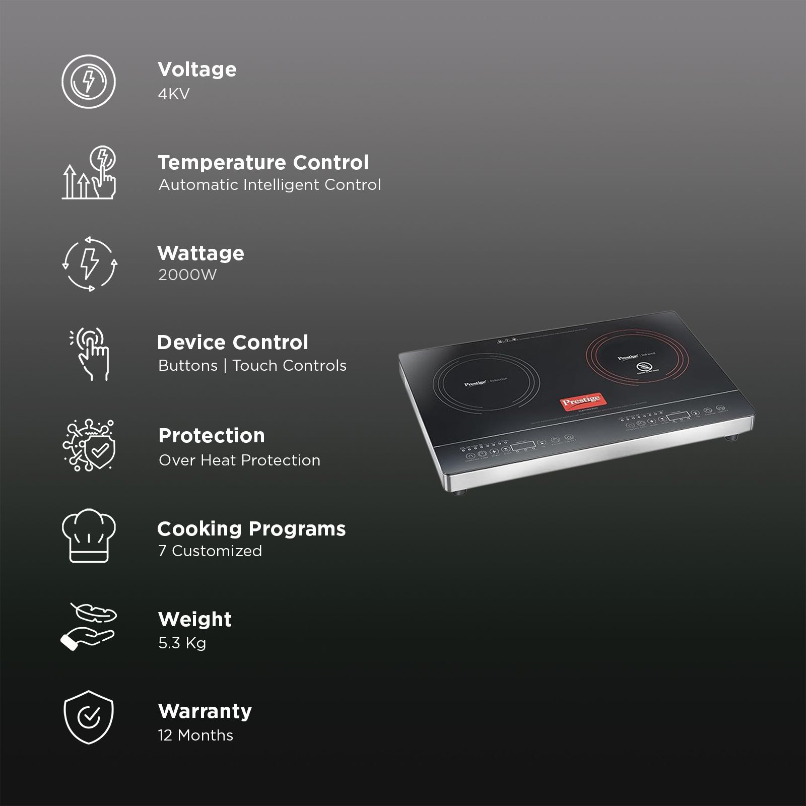 Prestige Electro Duo 2000 W Infrared & 1600 W Double Induction Cooktop with 7 Smart Preset Menus_3