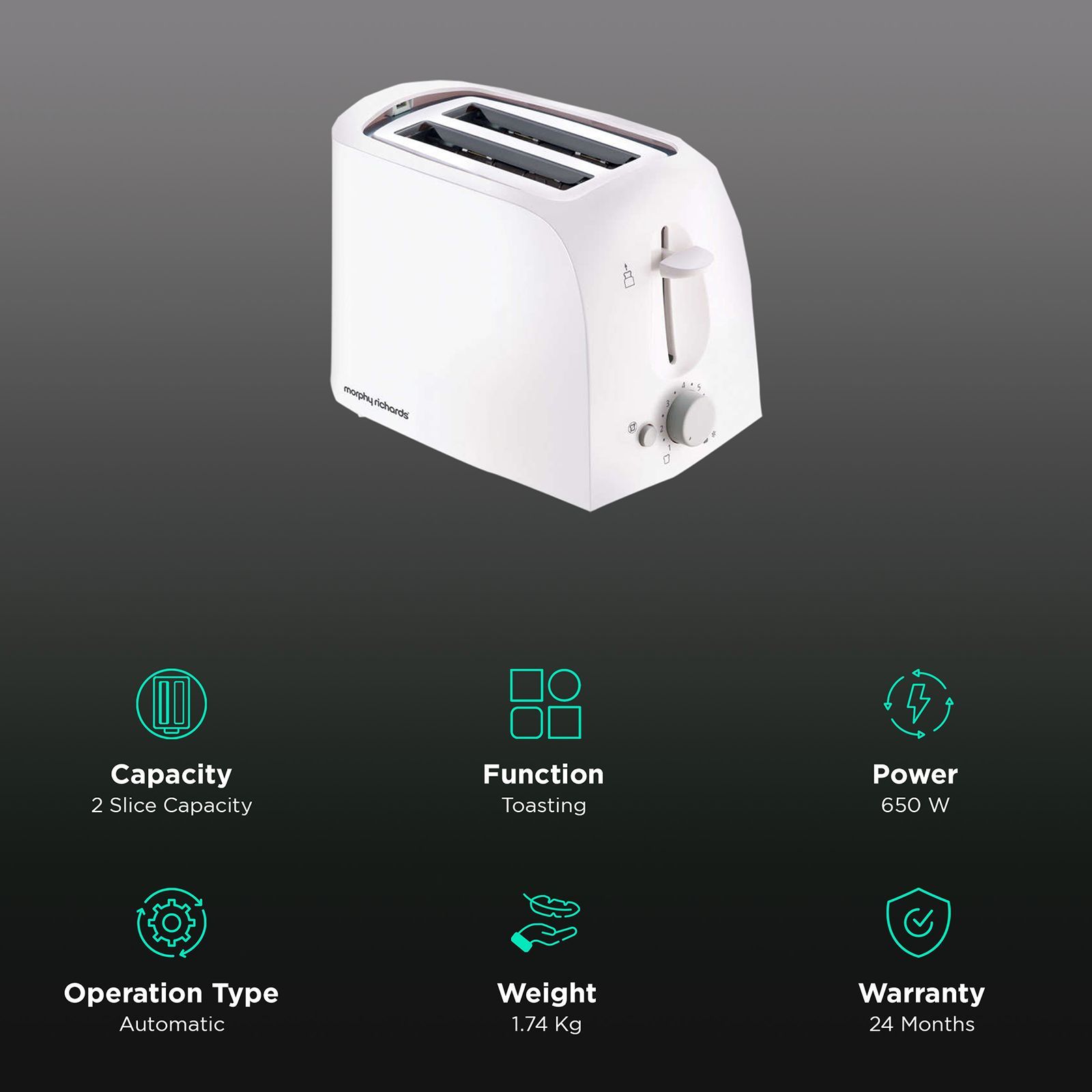 morphy richards 650 Watt 2 Slice Pop Up Toaster with Variable Browning Settings (White) morphy richards 650 Watt 2 Slice Pop Up Toaster with Variable Browning Settings (White)_3