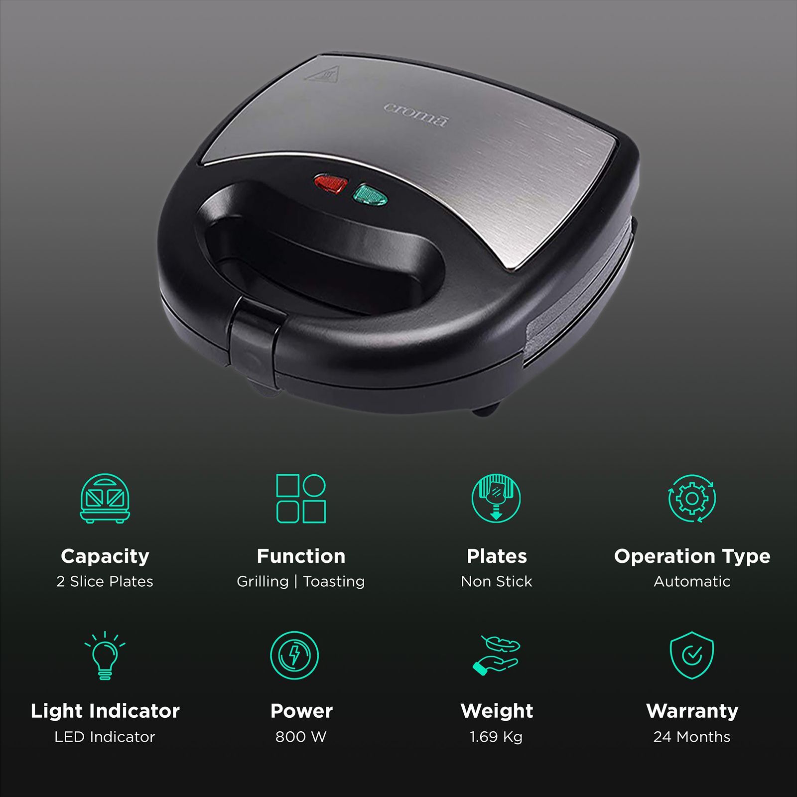 Croma 800W 2 Slice 3-in-1 Sandwich Maker with Automatic Operation (Black)_3