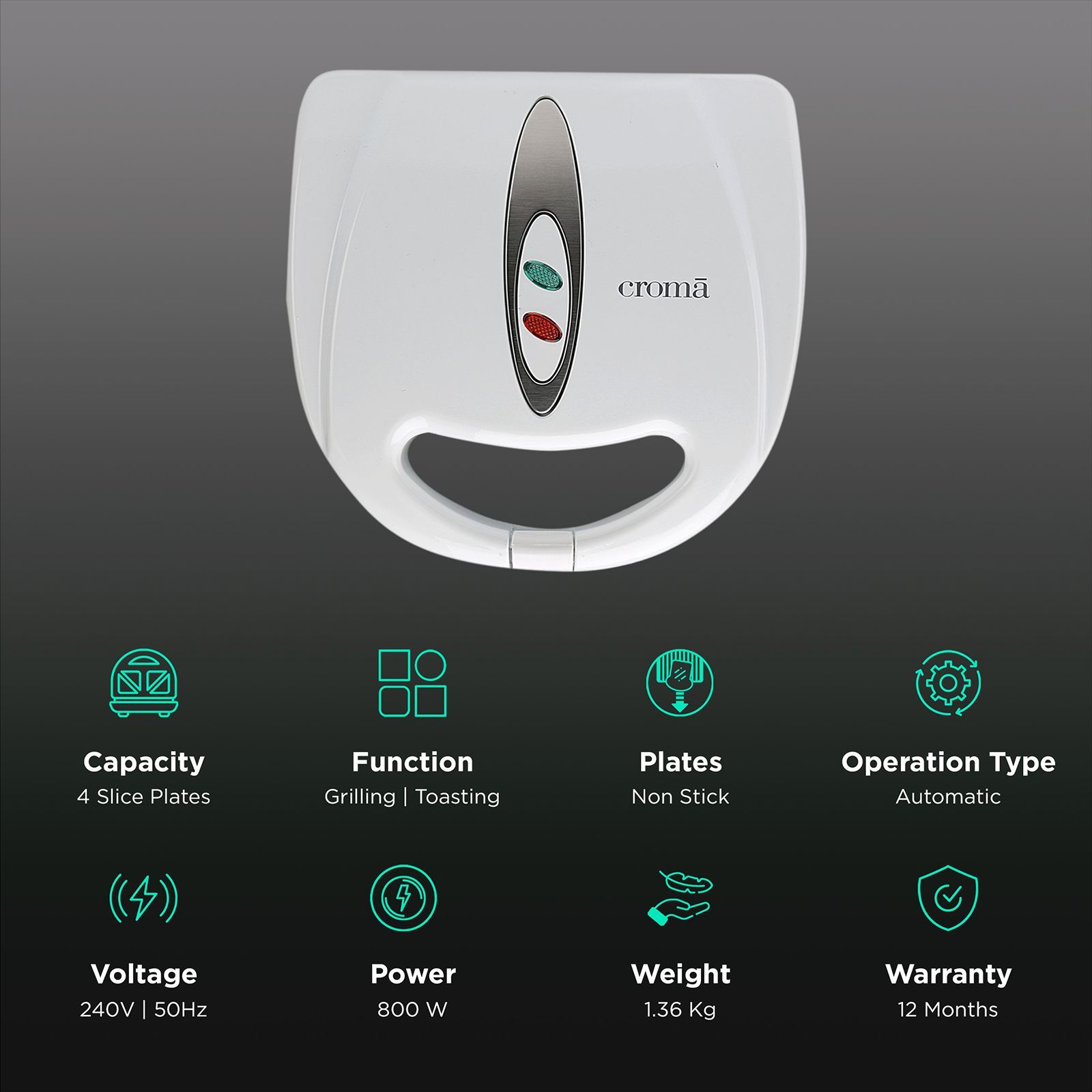 Croma 800W 2 Slice Sandwich Maker with Automatic Operation (White)_3